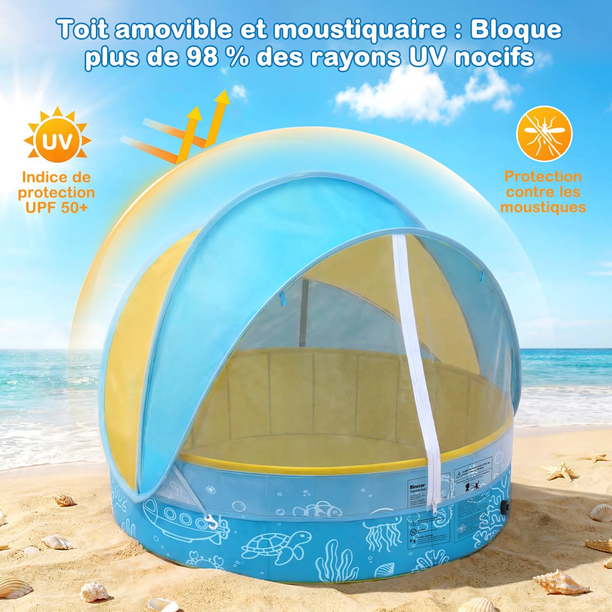 Piscine Pliable pour Enfants avec Toit Pare-Soleil et moustiquaire, Montage Rapide – 3-en-1 Piscine Portable pour bébé avec Ventilation, INCL. Sac de Transport pour Plage, Jardin, Camping et Voyages