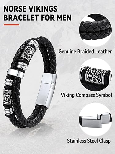 Miniatura 5 de FaithHeart Pulsera vikinga para hombre, pulsera de cuero trenzado de doble fila con cierre de acero inoxidable, brújula vikinga, pulsera vintage de