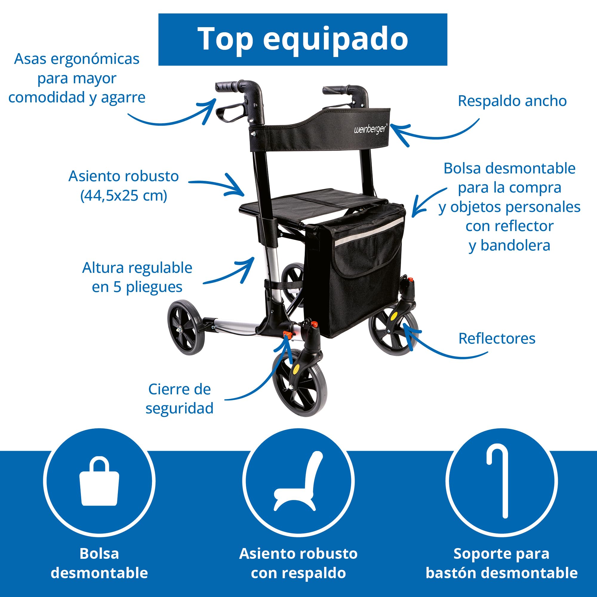 WEINBERGER leichter klappbarer Alu-Rollator all-Inclusive mit Tasche Stockhalter Bremsen, Leichtgewicht nur 7,3 kg, höhenverstellbar, Gehwagen Gehhilfe Reiserollator, Farbe Silber-Schwarz, 48911