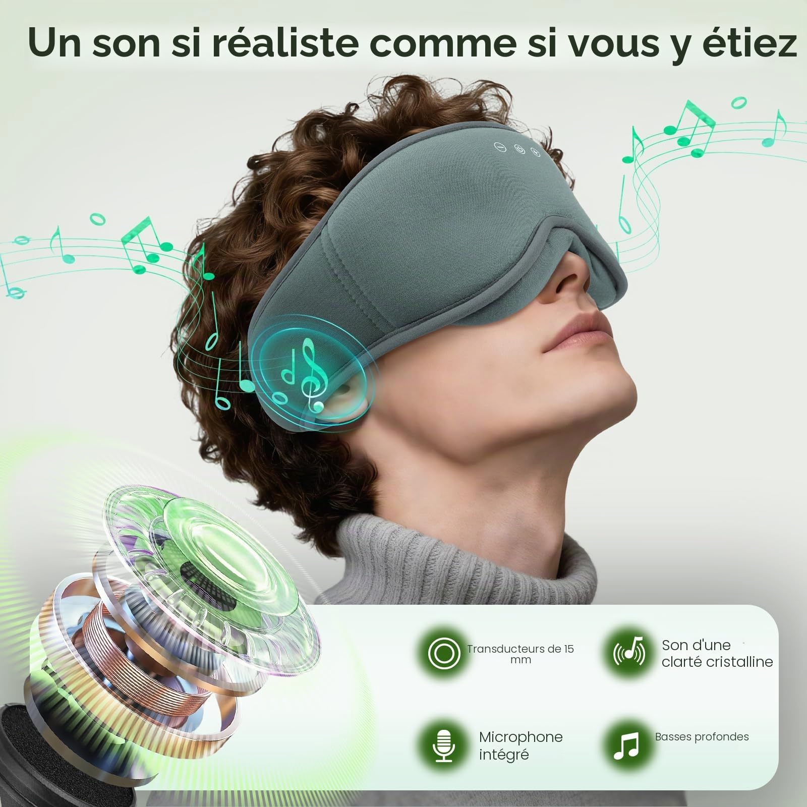 MUSICOZY Masque de sommeil Bluetooth 5.4 | Casque de sommeil 3D en coton de bambou avec sangle ultra silencieuse pour les personnes dormant sur le côté, masque pour les yeux 100 % occultant avec