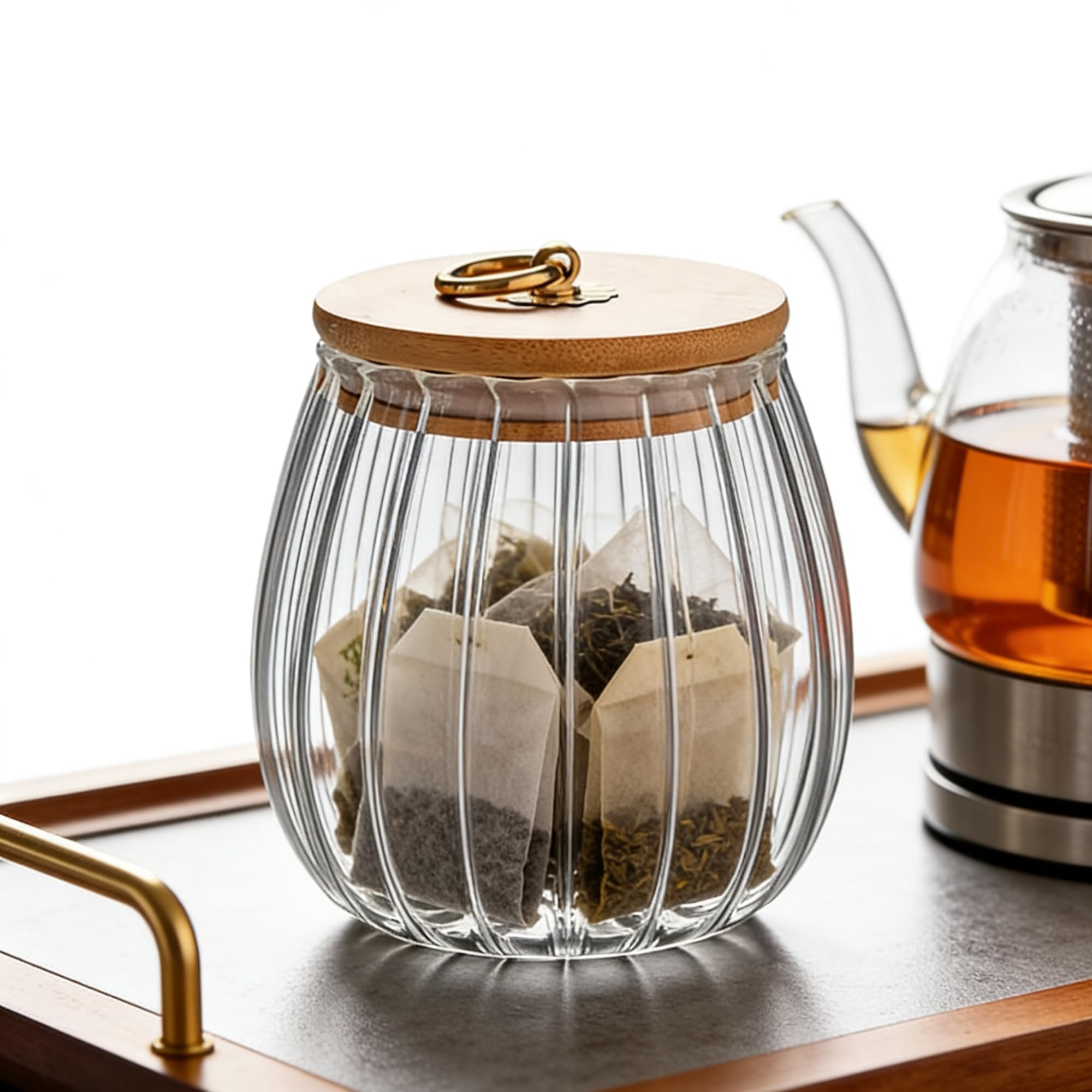 FANTESTICRYAN Tarro de cristal para frutos secos de café, hermético, contenedor decorativo de pétalos con tapa de bambú, mango de metal, fácil de agarrar (ovalado pequeño)
