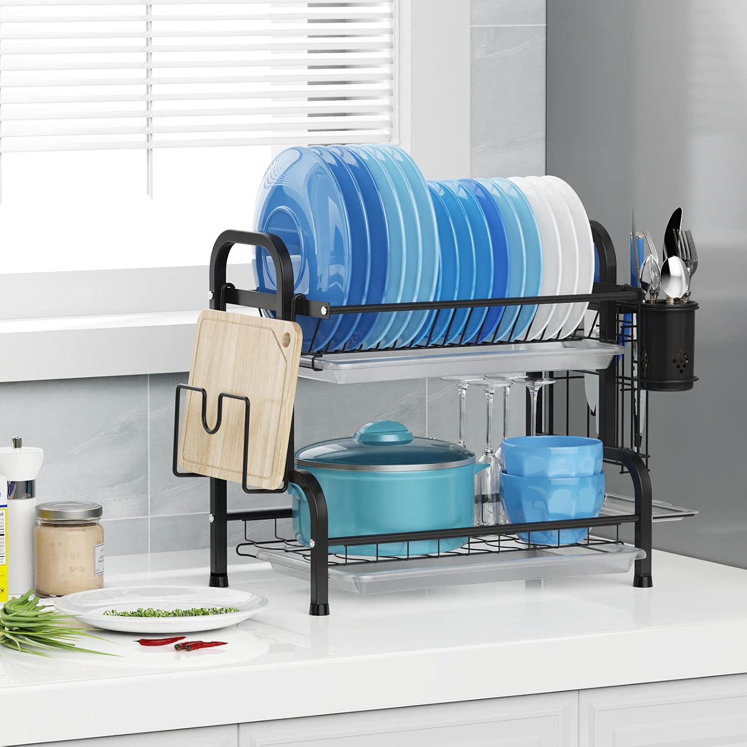 Warmfill Dish Drying Rack, 304 Stainless Steel 2 Tier Dish Rack with Drainboard Utensil Holder for Kitchen Counter, Space Saving Dish Dryer Rack, Black