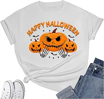 Women's Halloween Shirt:Pumpkin Art Patterns Crewneck Short Sleeve Halloween Party T-Shirt