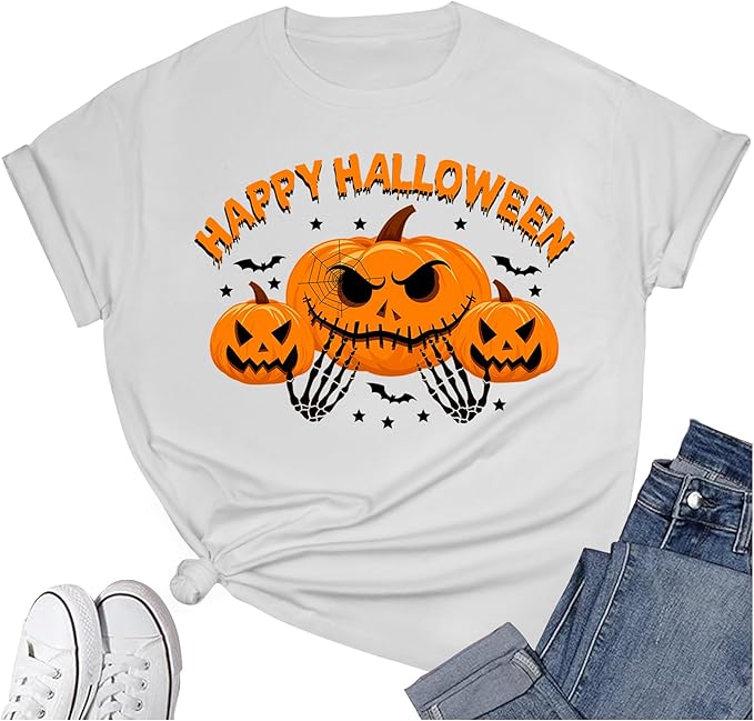 Women's Halloween Shirt:Pumpkin Art Patterns Crewneck Short Sleeve Halloween Party T-Shirt
