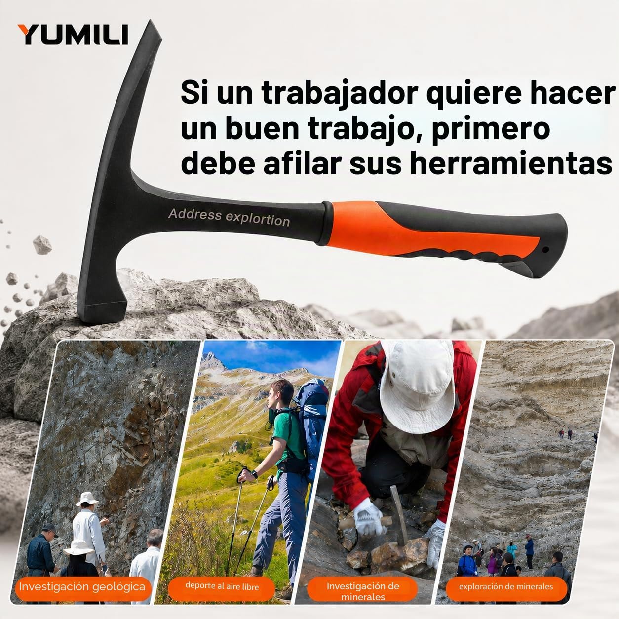 Geológico Exploración Martillo, Martillo Geológico Profesional 850g, Geología Rock Pick Hammer, Pico de Roca de Cabeza Plana, Herramienta de Exploración de Minerales para Geología al Aire Libre, 285mm