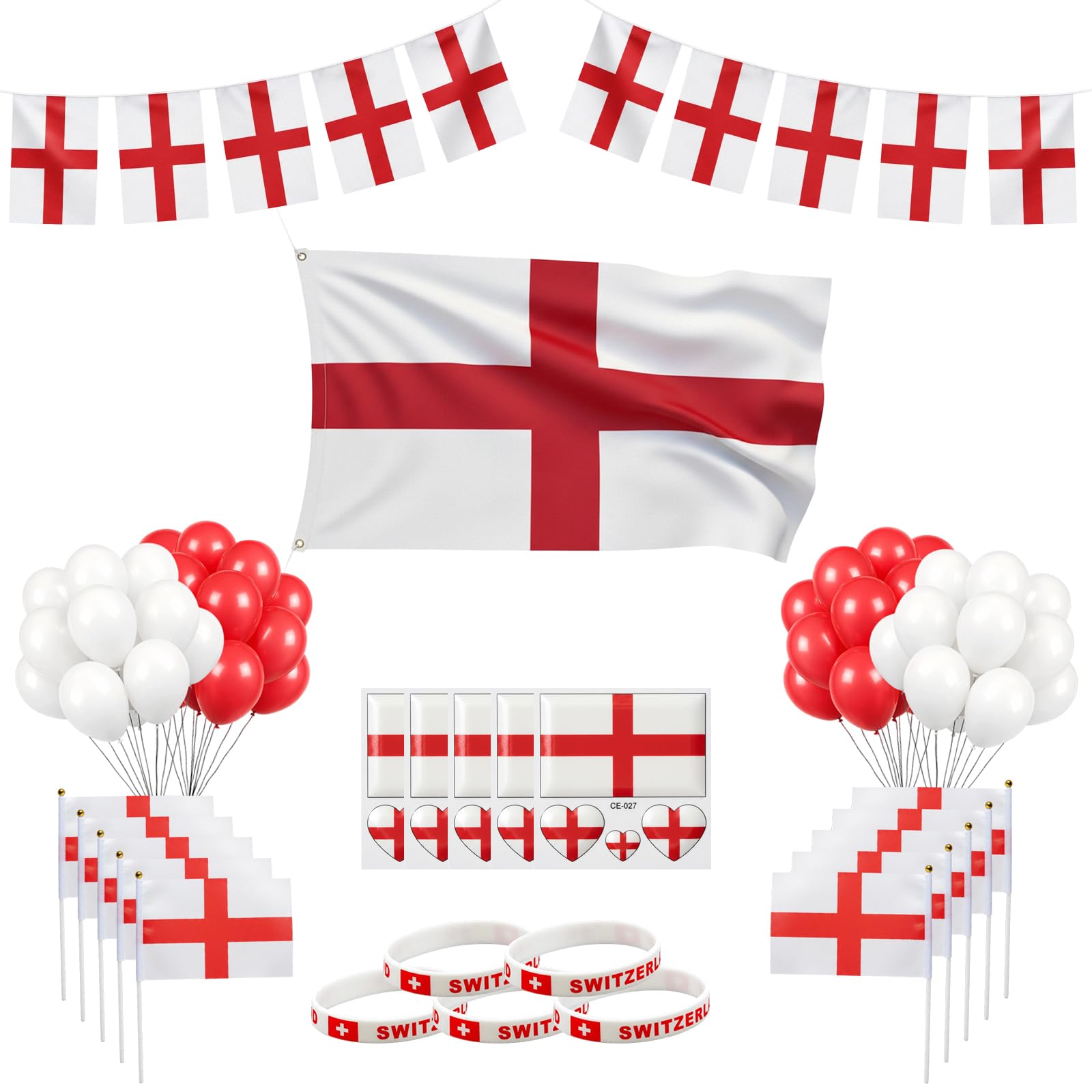 St Georges Day Bunting, England Flag Decorations Set for St. George's Day and National Celebrations, Complete 62-Piece Kit with Flags, Banners, Balloons and Accessories