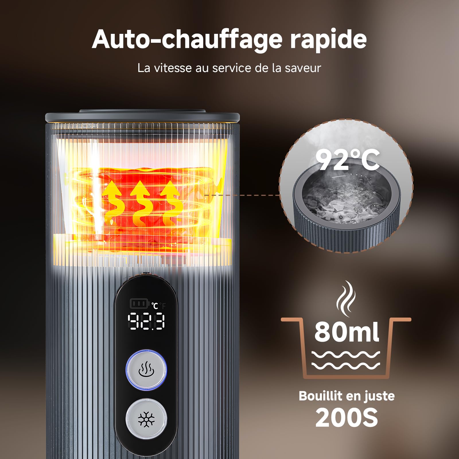 AMZCHEF Machine à Café Espresso Portable de Voyage avec Batterie – 20 Bars, Chauffage Rapide USB-C – Compatible avec Capsules & Café Moulu – Cafetiere Portable pour Camping/Bureau,Aluminium