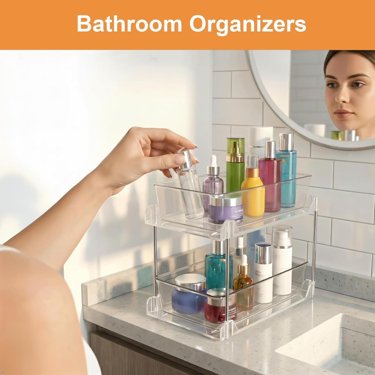 2 Pack Bathroom Organizer,2 Tier Clear Under Sink Organizers Vanity Countertop Storage Container,Cabinet Drawers Bins, Pull-Out Organization with Track for Pantry, Kitchen