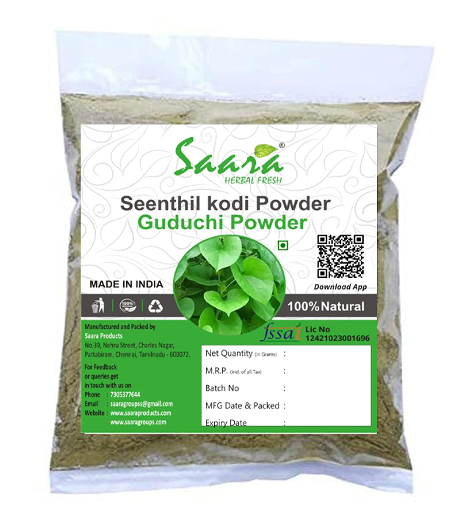 Saara HERBAL FRESH Seenthil Kodi Powder 200g, Guduchi, Tippa Teega, Tinospora cordifolia, Giloy, Amruthaballi Powder, (pack of 2 x 100g) (B07VNXPL9W) Amazon Price History, Amazon Price Tracker