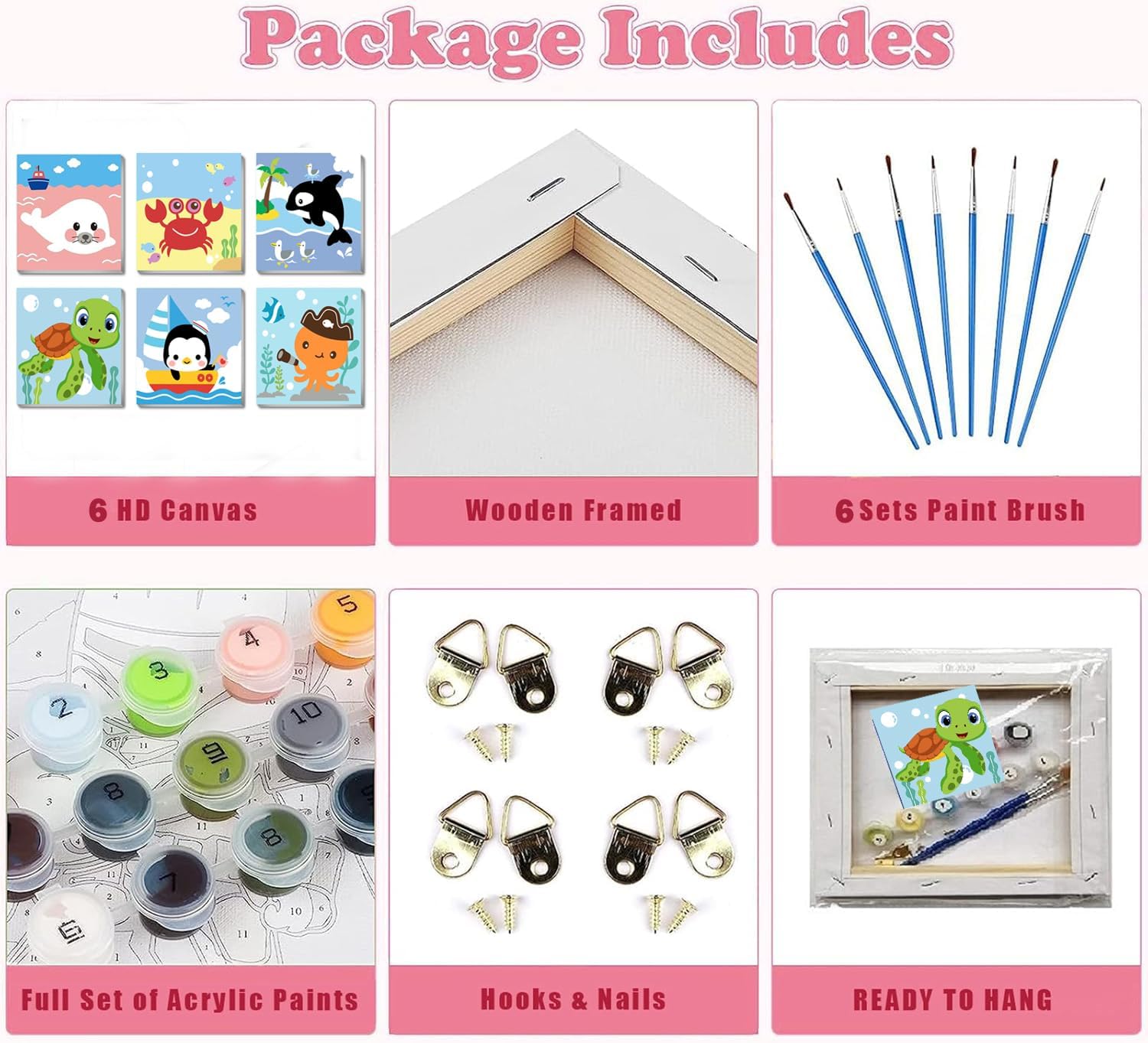 MXCFZX 6 Pack Framed Paint by Numbers Kit for Kids,Cute Sea Animals Painting Kits for Ages 4-6-12,Easy Paint by Number Kids Paint for Beginner,DIY Acrylic Oil Painting Kit for Wall Decor(8X8inch)