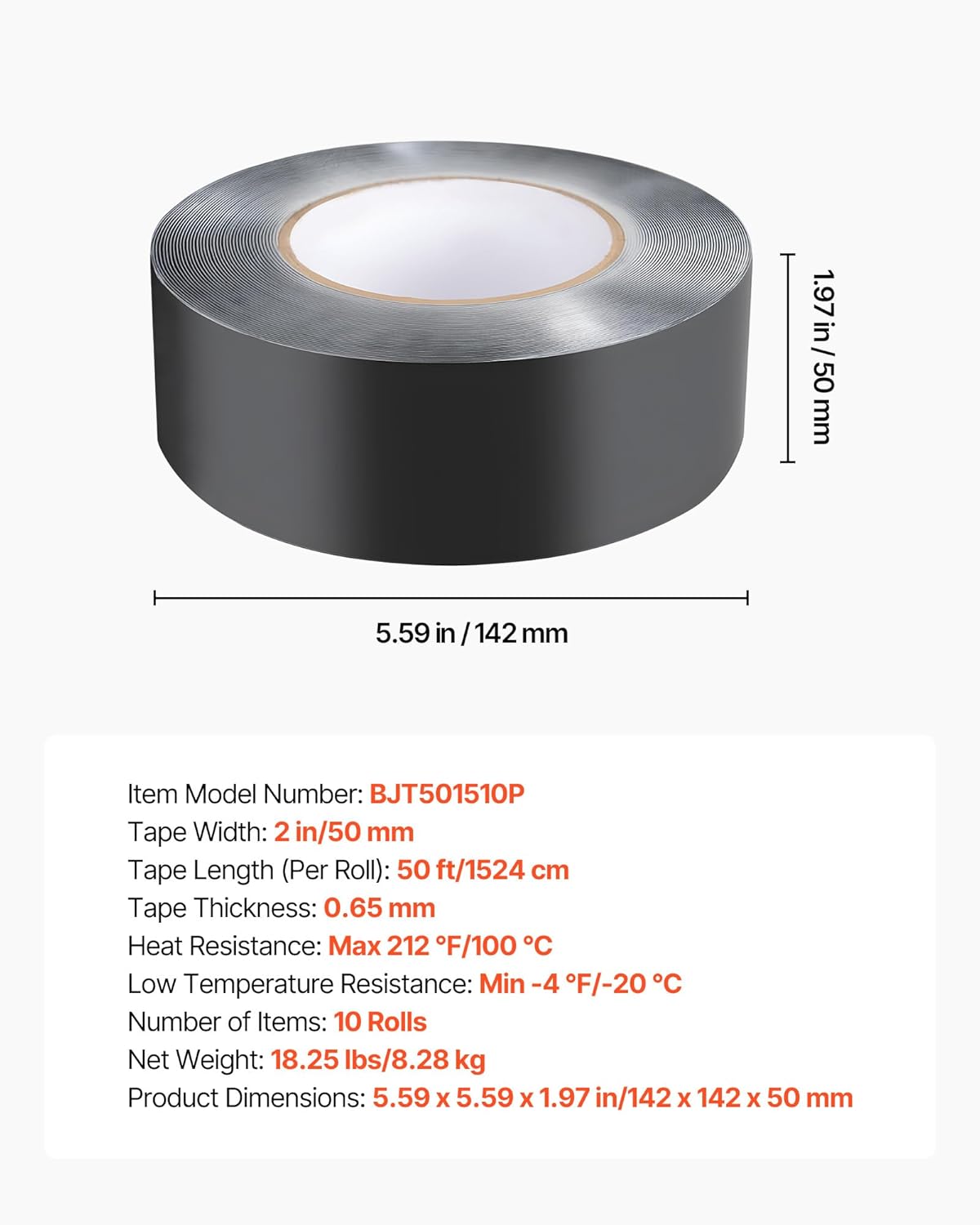 VEVOR Deck Joist Tape, 2 inch x 50 ft, 10 Pack, Weather-Resistant Waterproof Flashing Butyl Joist Tape for Decking, Self-Adhesive, for Wood Decks, Beams Roofs, RVs, House, and Pipes Repair, Black