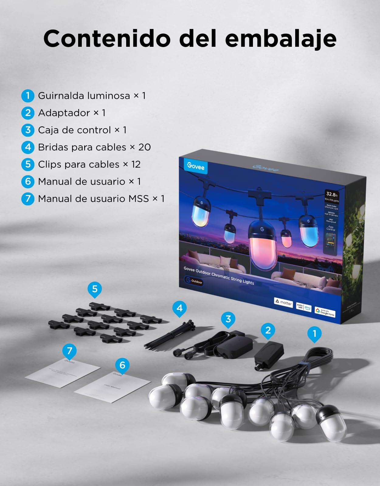 Govee Guirnalda Luces Exterior 10M, RGBICW 240lm pro LED, App Control,IP67 | 16M Colores DIY, 111+ Modos de Escenas, Sync Música, Matter/Alexa/Google, 30000h, Instal. Fácil, Jardín/Balcón/Terraza