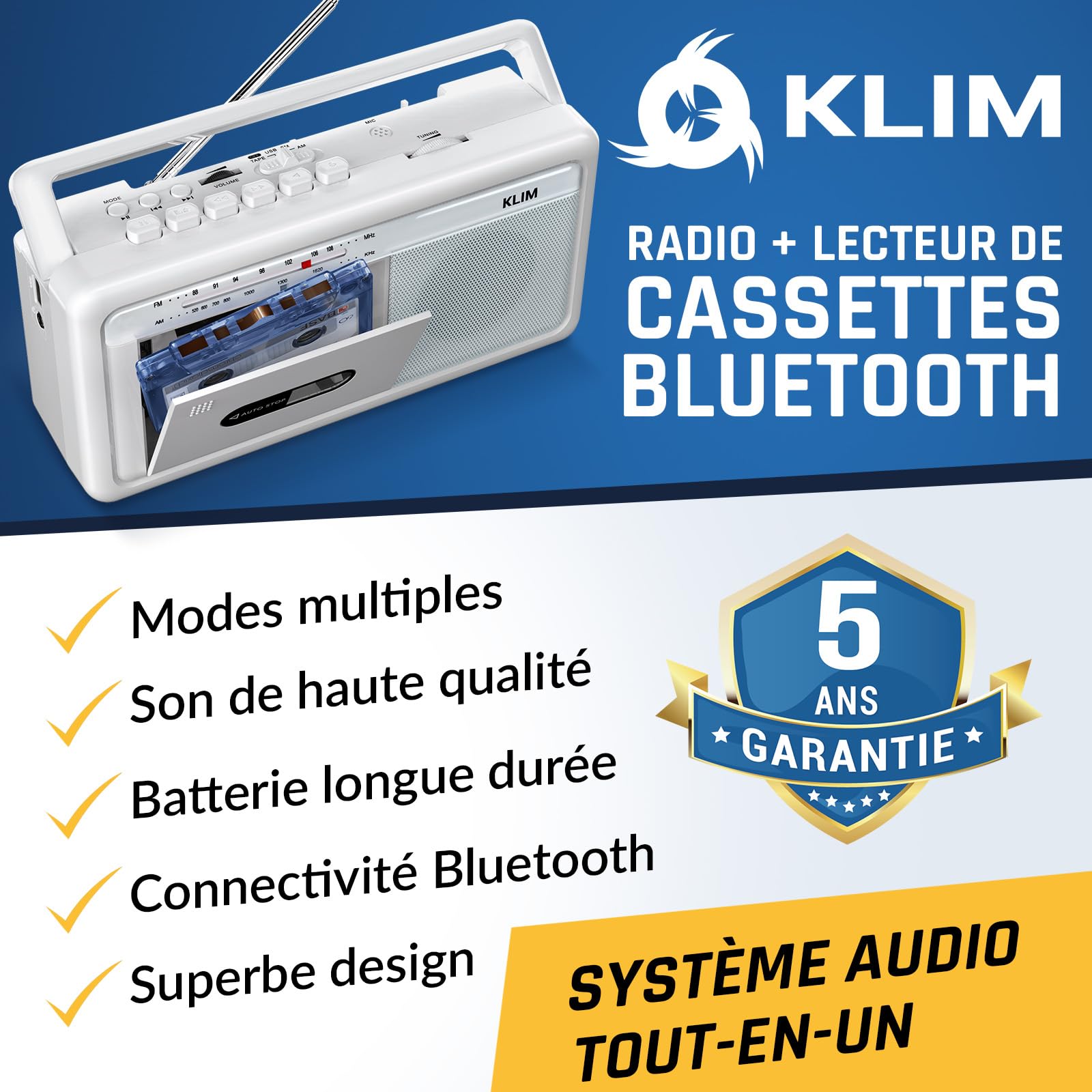 KLIM Lecteur Cassette Audio Boombox, Radio AM/FM, Bluetooth, Enregistreur Cassette, USB, Haut-Parleur, Prise Casque, Secteur ou Piles, Design Portable Rétro - Blanc Givré