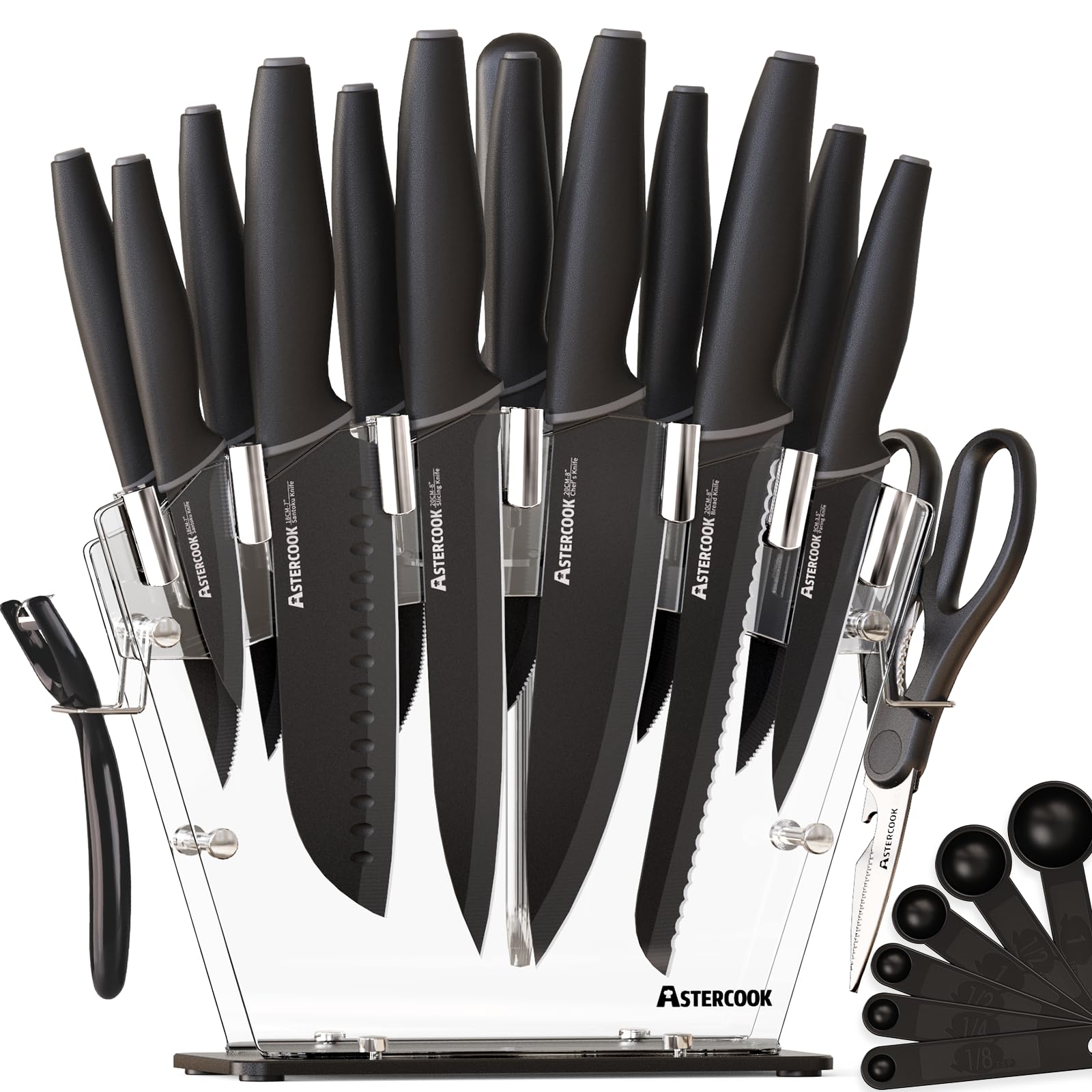 Astercook Knife Set with Block and Sharpener 22 Piece Kitchen Knife Set Dishwasher Safe Space-Saving Clear Knife Block