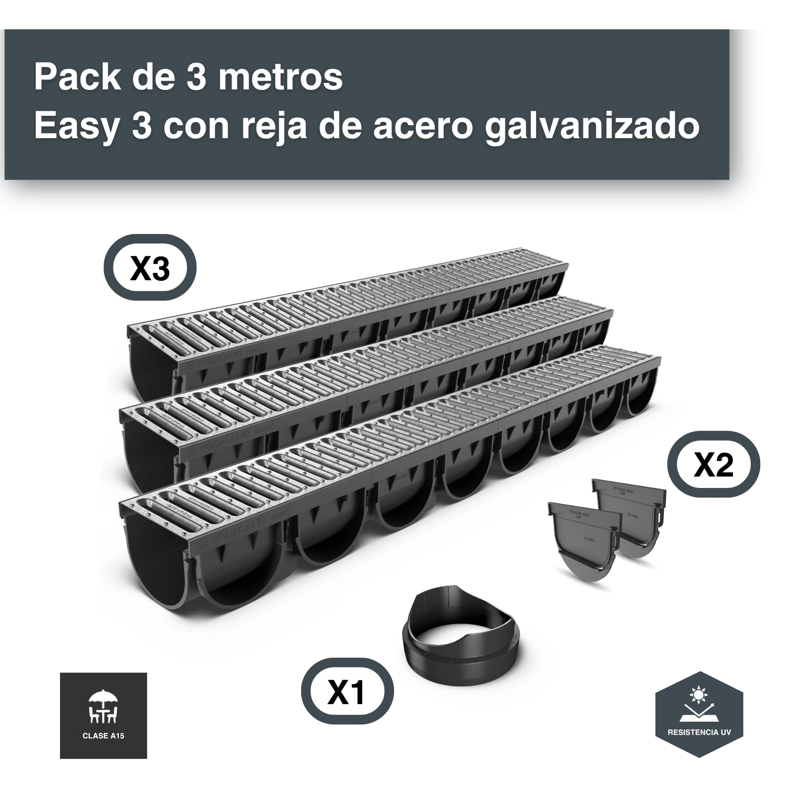 Canaletas de Desagüe Easy 3 con Rejilla de Acero - Kit de 3 Metros para Drenaje de Jardín, Aguas Pluviales y Terraza - Canaletas Galvanizadas VODALAND para Recoger Agua de Forma Eficaz y Oculta