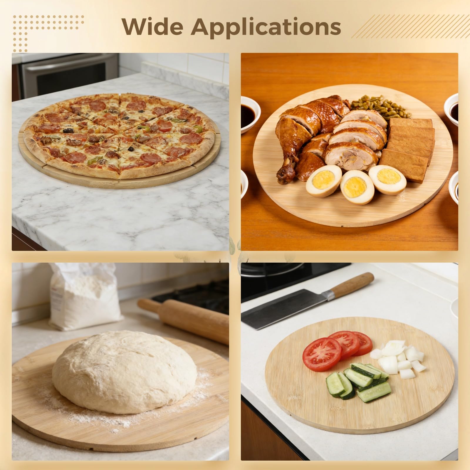 Lot de 2 planches à pizza rondes 12 pouces en bois double face, 8 rainures de coupe, 8 compartiments, dos plat, pour fromage, pain et viande.