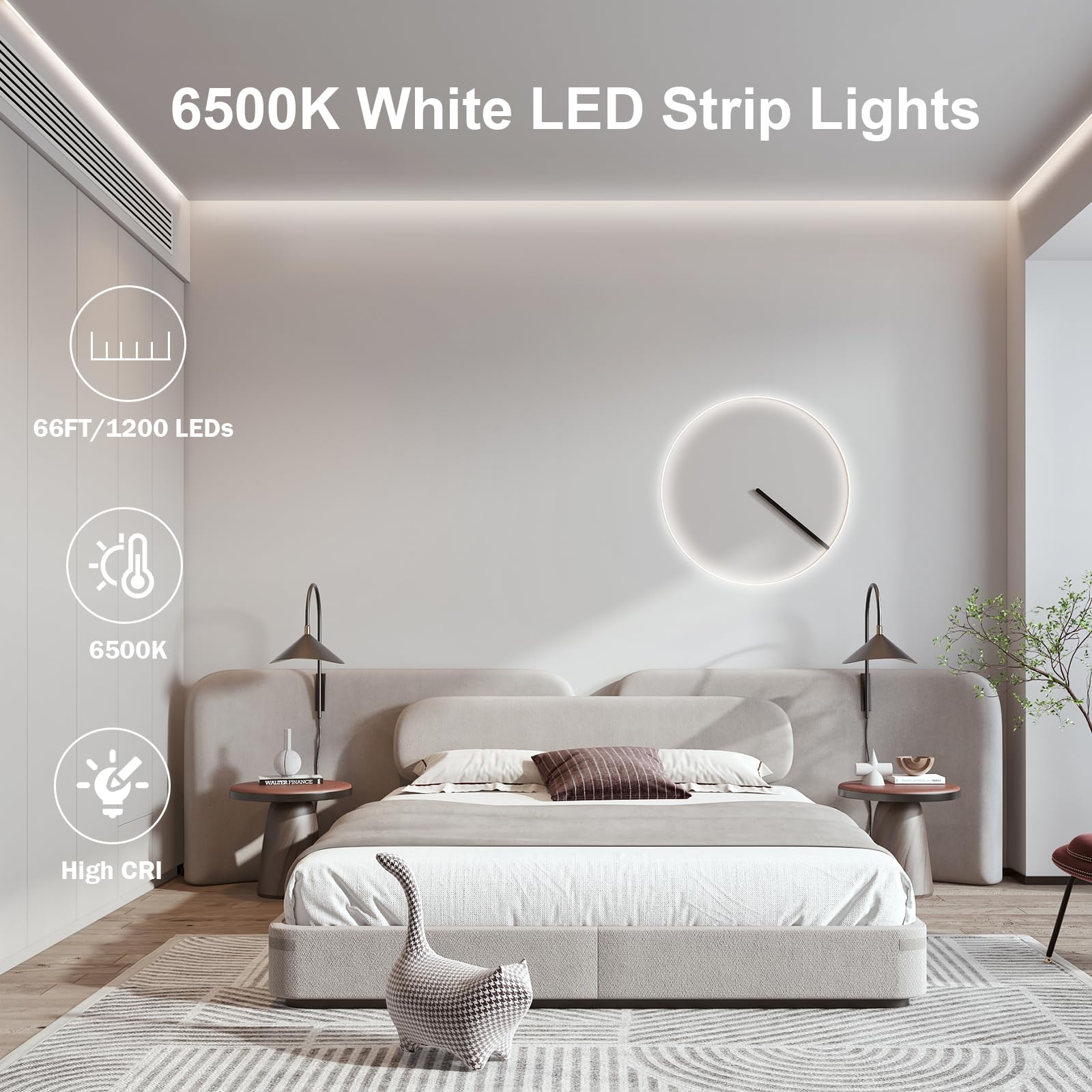 PIZHLO White LED Strip Lights, Upgraded 66ft Dimmable Light Strip with Remote 6500K Bright White Light, 1200 LEDs Flexible Lights with Strong Adhesive for Bedroom, Mirror, Kitchen Under Cabinet Decor