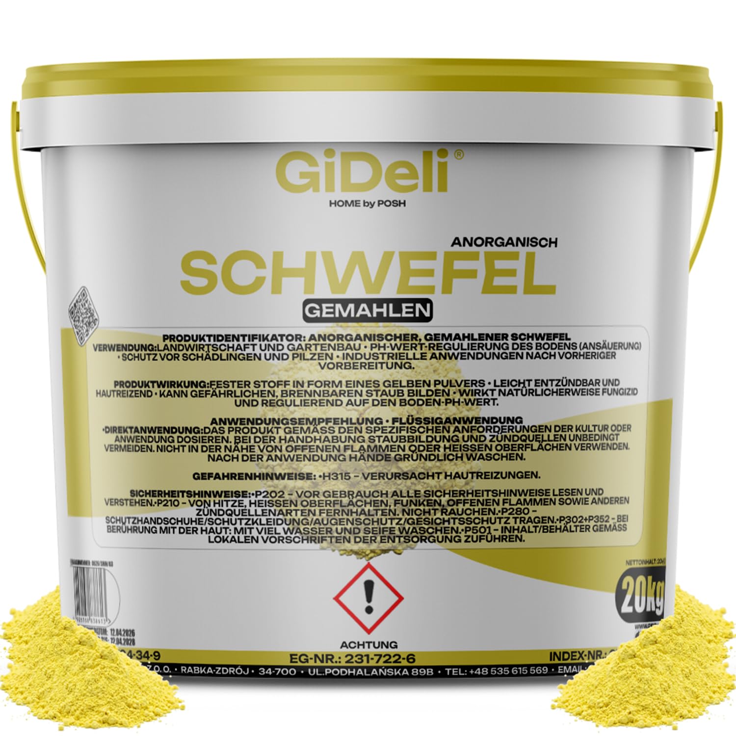 GiDeli Schwefelpulver 20 kg im Eimer - Schwefel Dünger zum Ansäuern