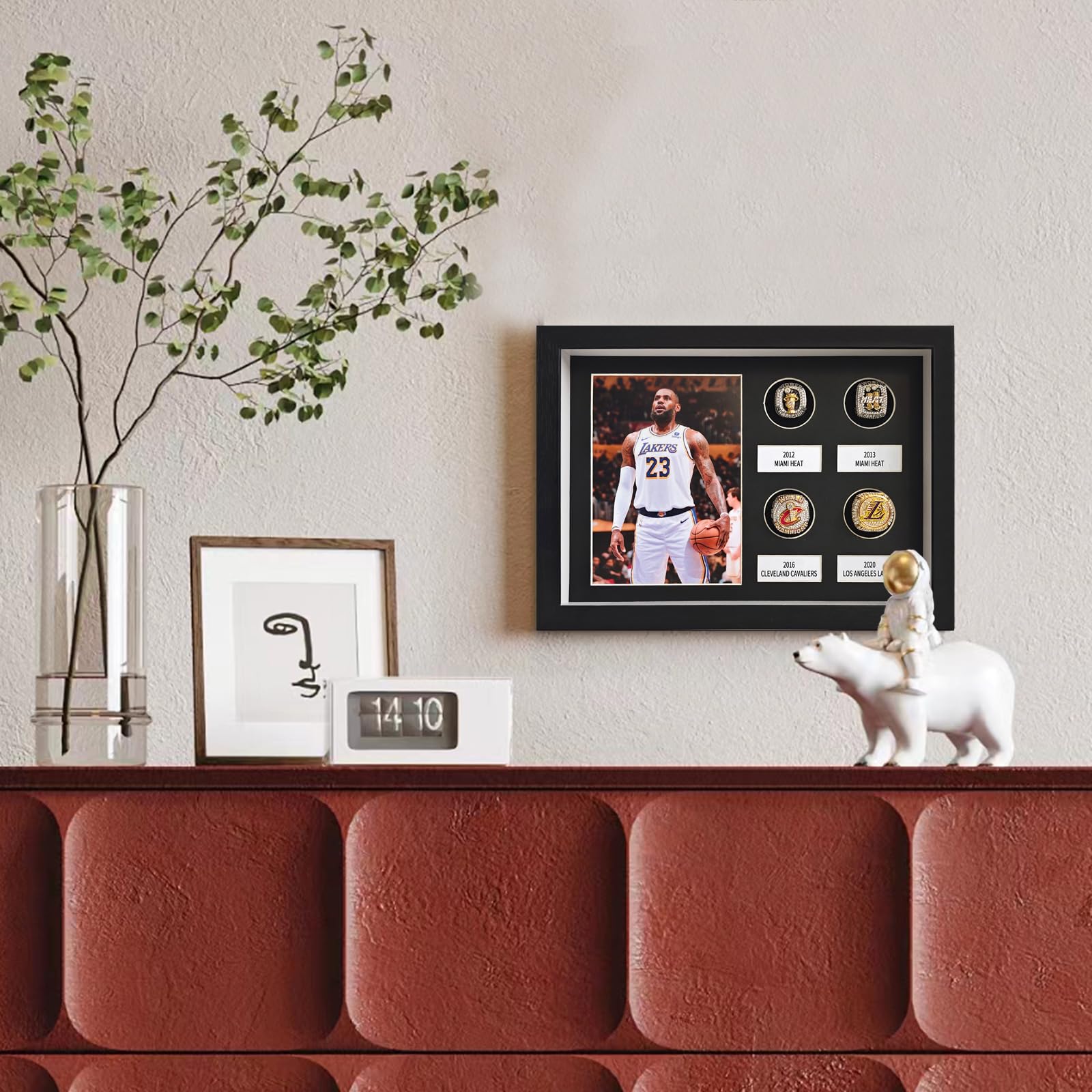 Championship Ring Display Case,4 Ring Posts Sports Ring Display Case Wooden Shadow Box With a real glass panel,witha5x7”photo frame,for Baseball Basketball Football Softball Award Rings Fan Souvenirs - Image 3