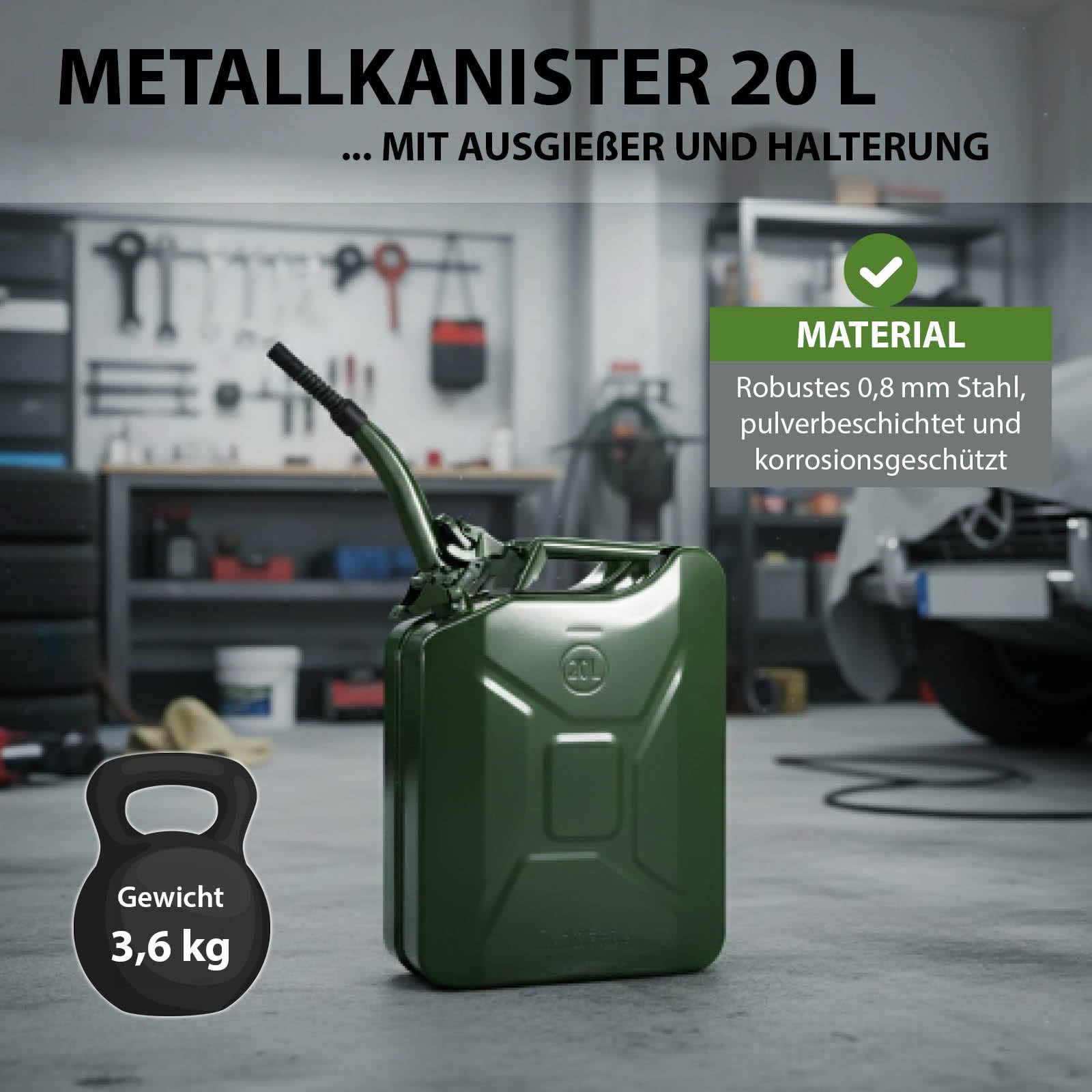 Kraftstoffkanister Metallkanister 20 Liter UN-Zulassung Olivgrün mit Ausgießer Entlüftung Sieb 0,8mm Stahl