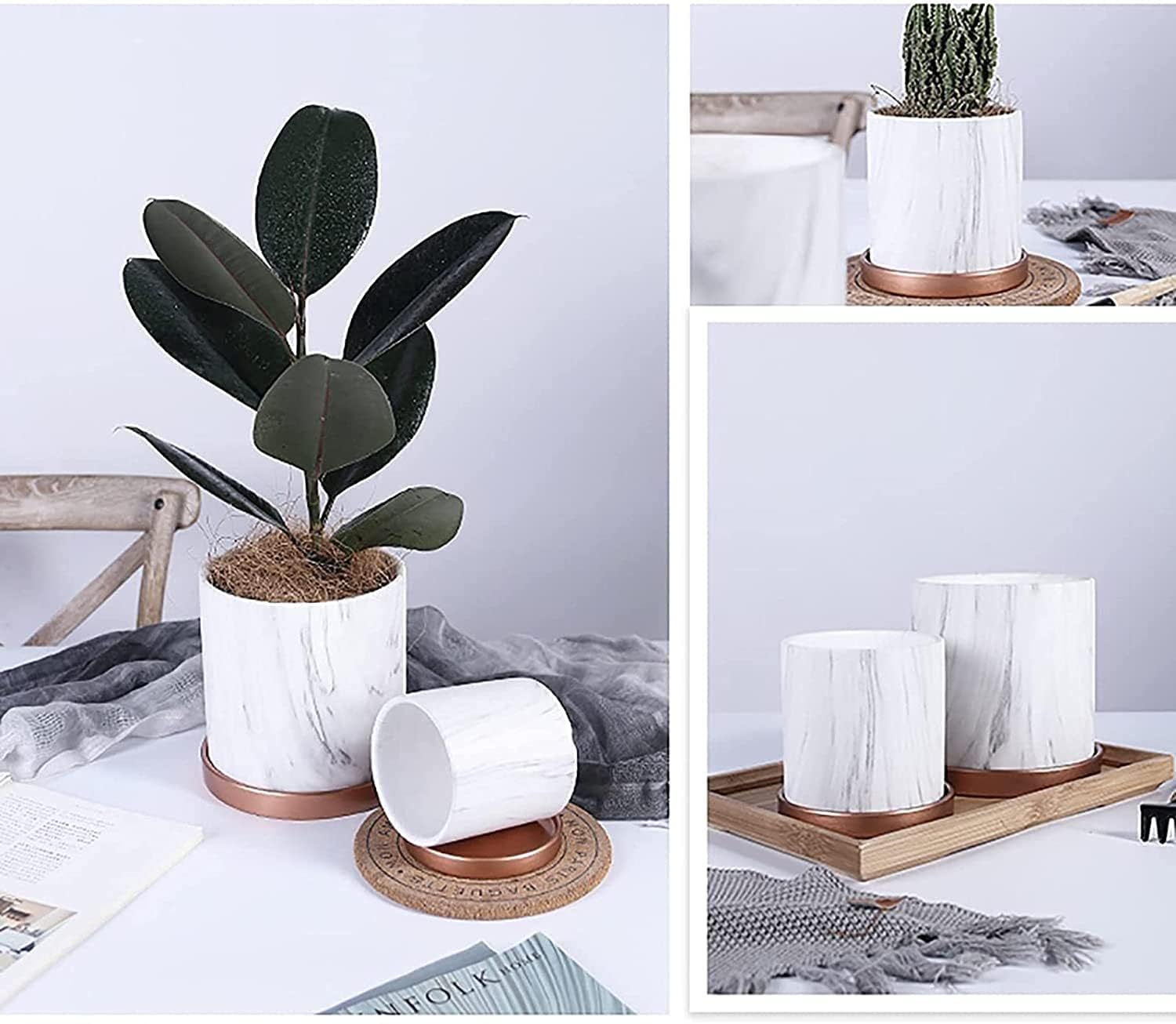 Modern Ceramic Planter Pot with Drainage Hole and Saucer, Round White & Grey Marble Pattern Indoor Outdoor Flower Plant Container, Stylish Decorative Pot for Succulents