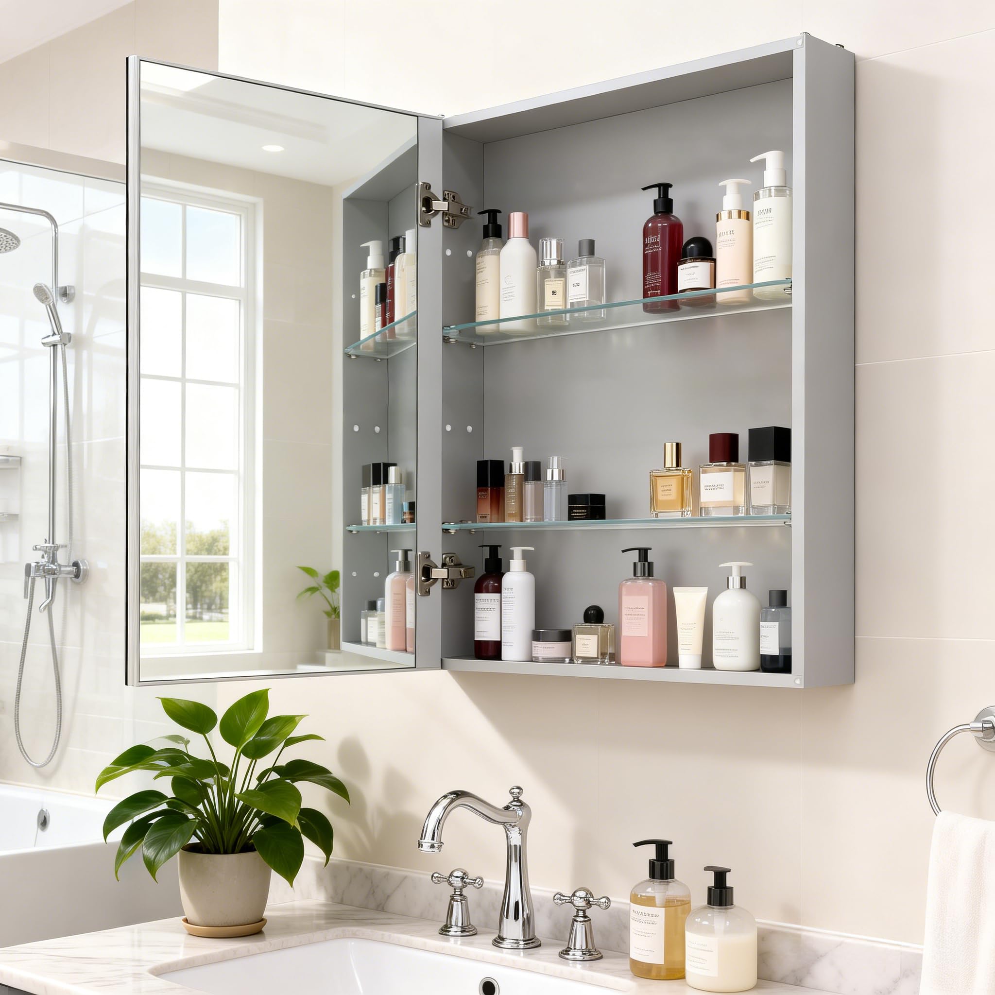 Botiquín de baño de 50 x 66 cm con espejo, marco de aluminio, ligero, resistente y atractivo, adecuado para empotrar o montar en la pared, estantes ajustables, vidrio templado, requiere