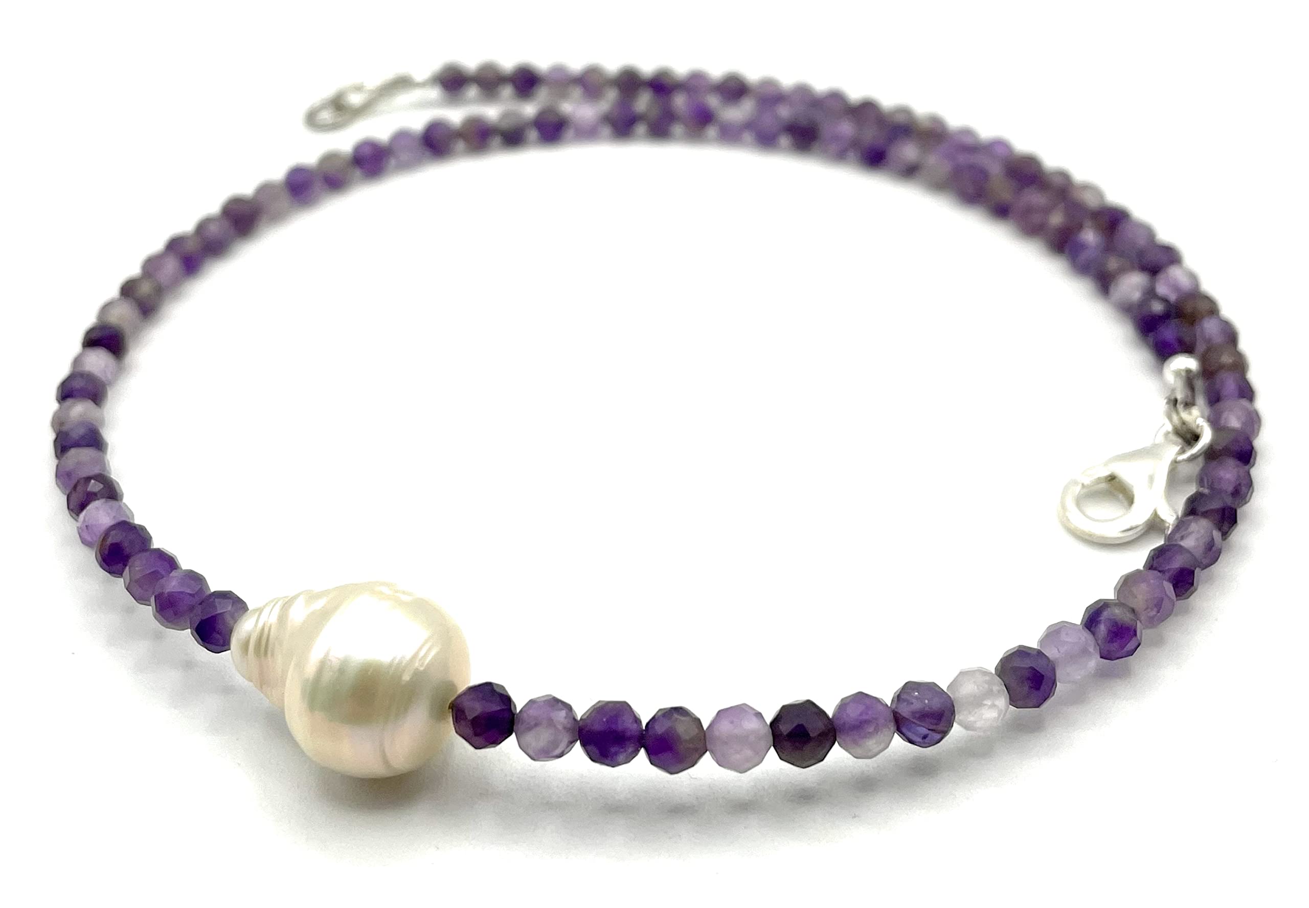 Amethyst Halskette mit Barock Floating Perle, 925 Sterling Silber, Zarte Schicht Choker, Kristall Schmuck, Made in Italy, Geschenk für Frauen