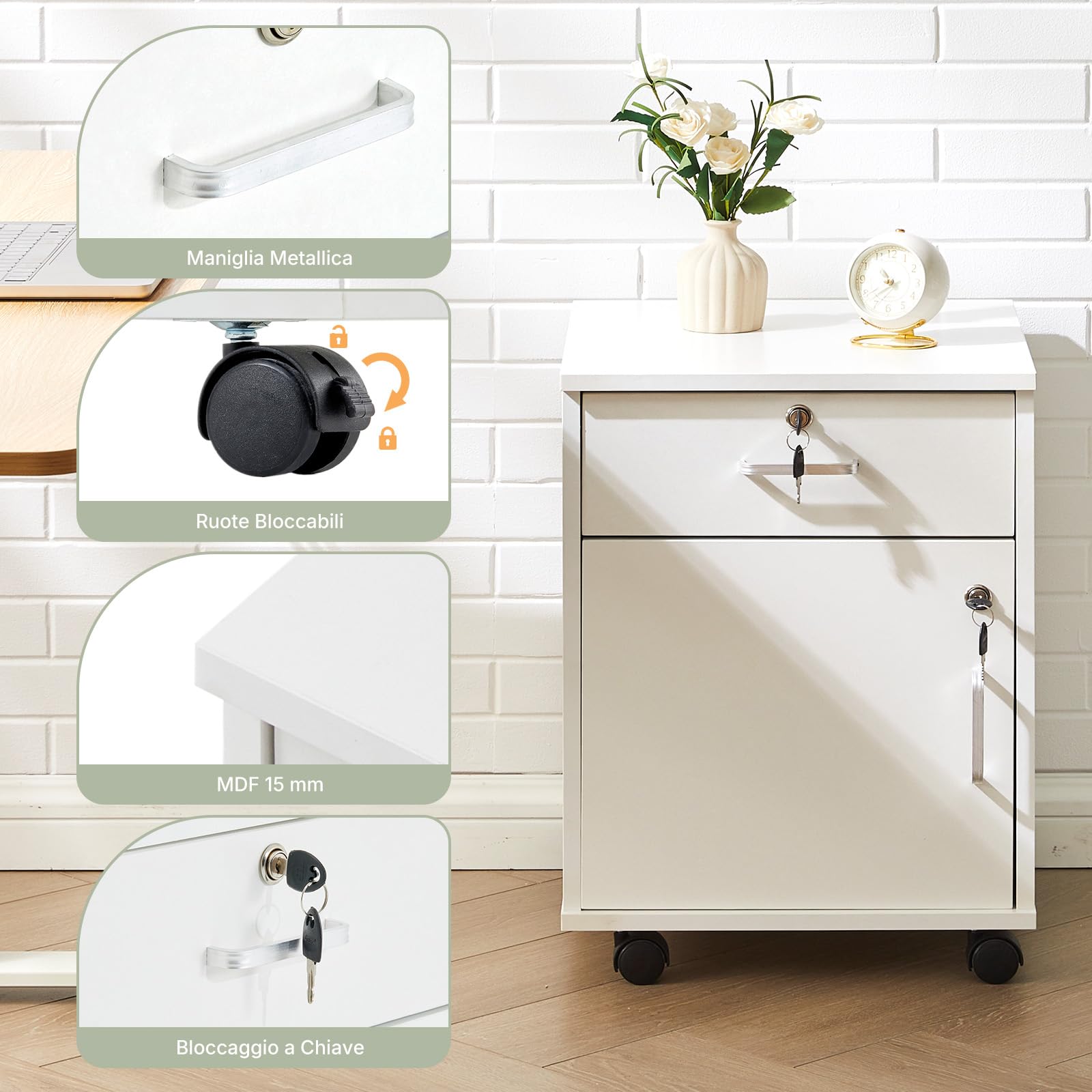 LEMROE Armadietto mobile a 2 cassetti con serratura e ruote in legno stile industriale per casa ufficio (bianco, 1 cassetto + 1 armadio)