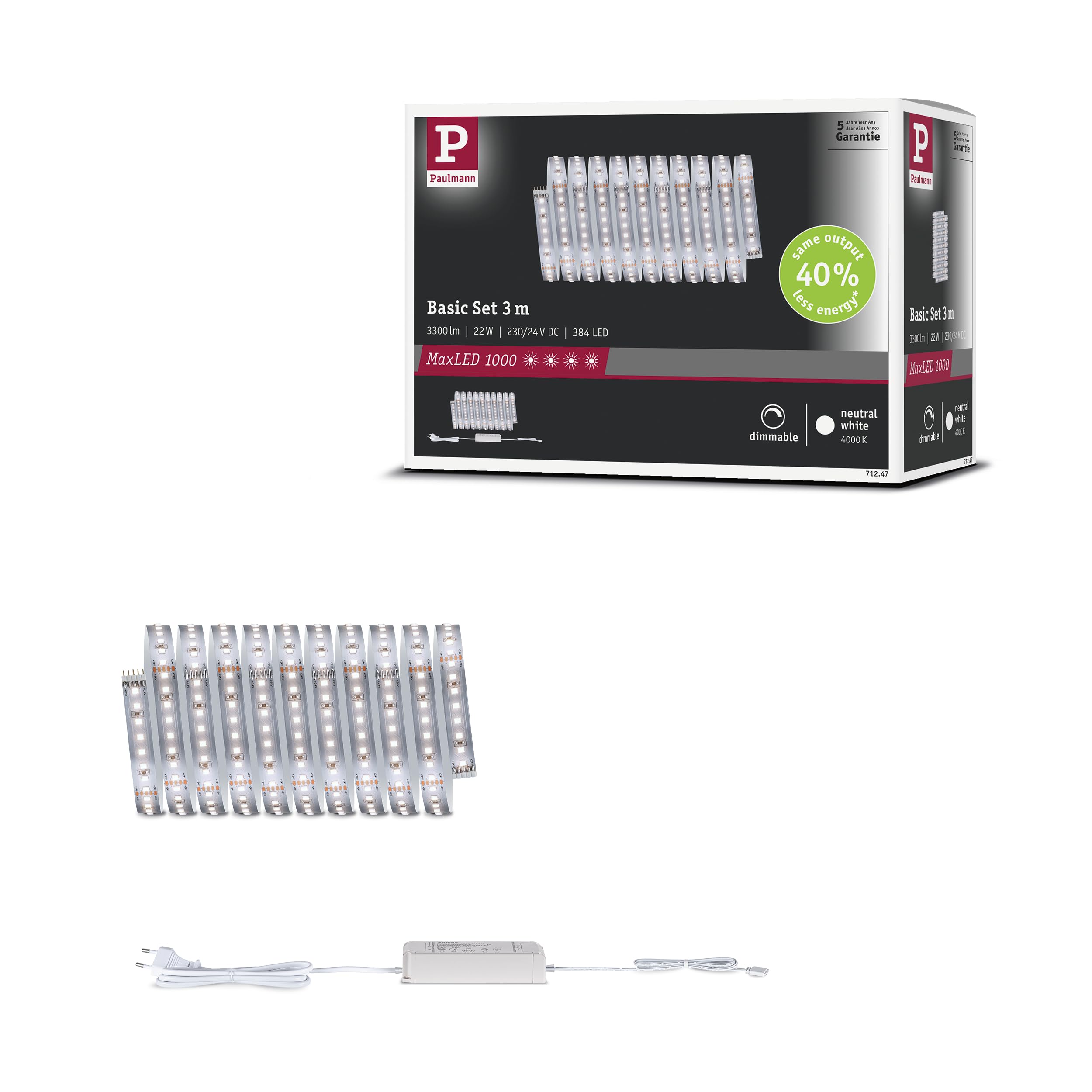 Paulmann MaxLED 1000 LED Strip Basisset 3m Neutralweiß 22W 1100lm/m 4000K 40VA 71247