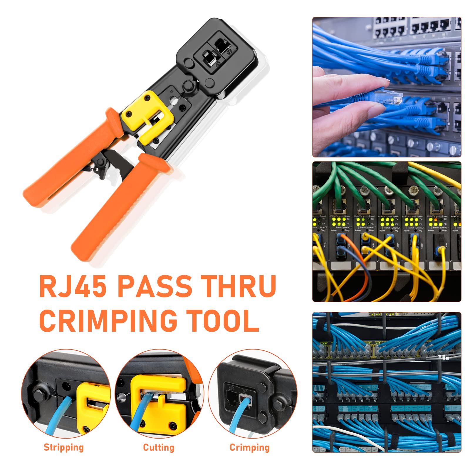 Zestaw zaciskaczy Ethernet RJ45 Cat6 Cat5e narzędzie do zaciskania z 10 złączami przelotowymi RJ45 Cat6, 10 szt. modułowych osłon złączy, 1 mini striptizerka, 5 ostrzy i 1 tester kabli sieciowych
