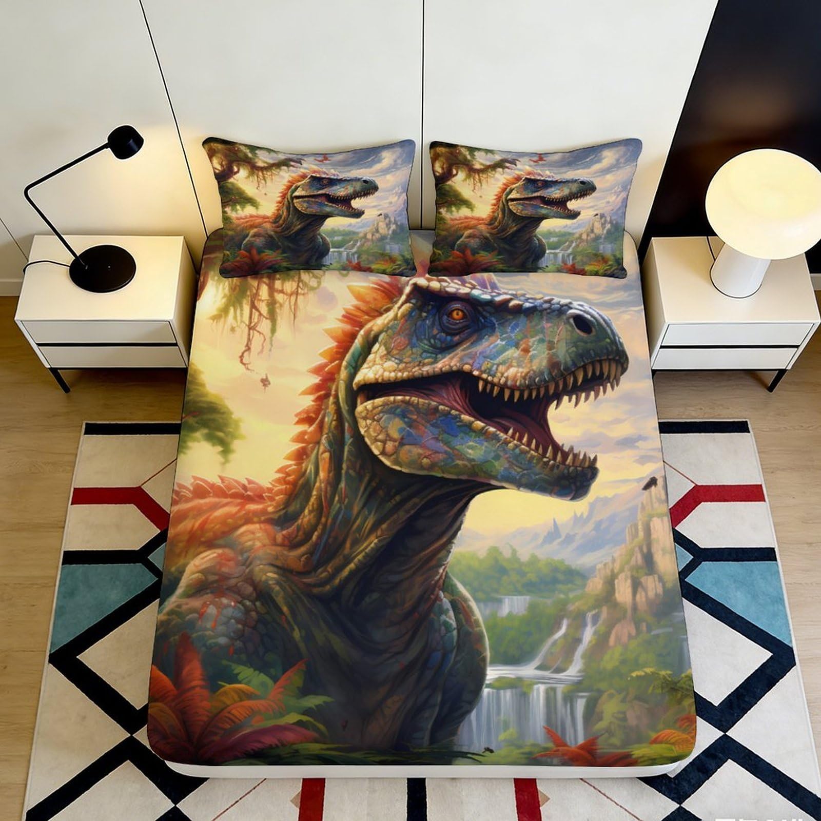 3D Printed Dinosaur Fitted Sheet Microfiber Soft Breathable 3D Printed Jurassic Bed Cover for Bedroom Dormitory Guest Room Mattress Protection Decor 90x200x25cm