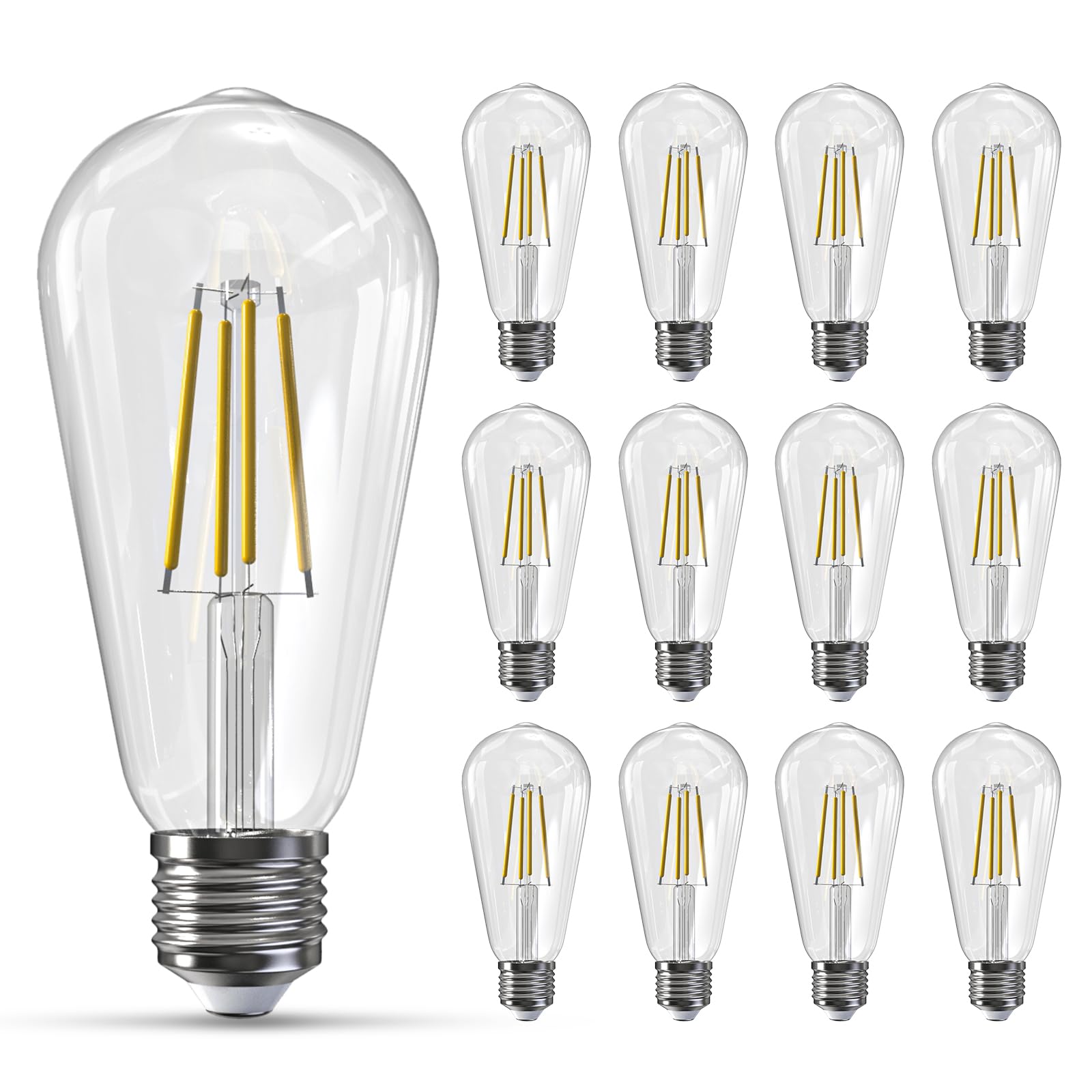 Jensense Edison Bulbs E26 LED Bulb 60 Watt Equivalent, Vintage LED Light Bulbs CRI90+ ST19, Dimmable Clear Light Bulbs (4000K Natural White, 7watt-12 Pack)