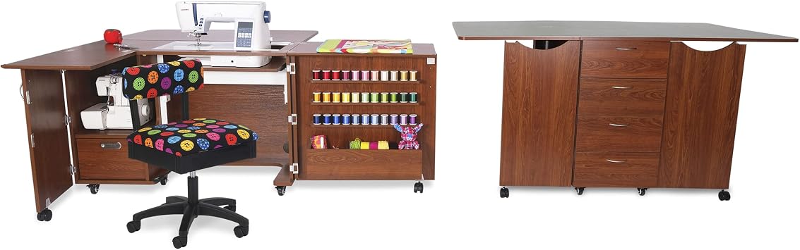 ARROW SEWING CABINETS Teak Kookaburra with Wallaby, Mat and Button Hydraulic Chair