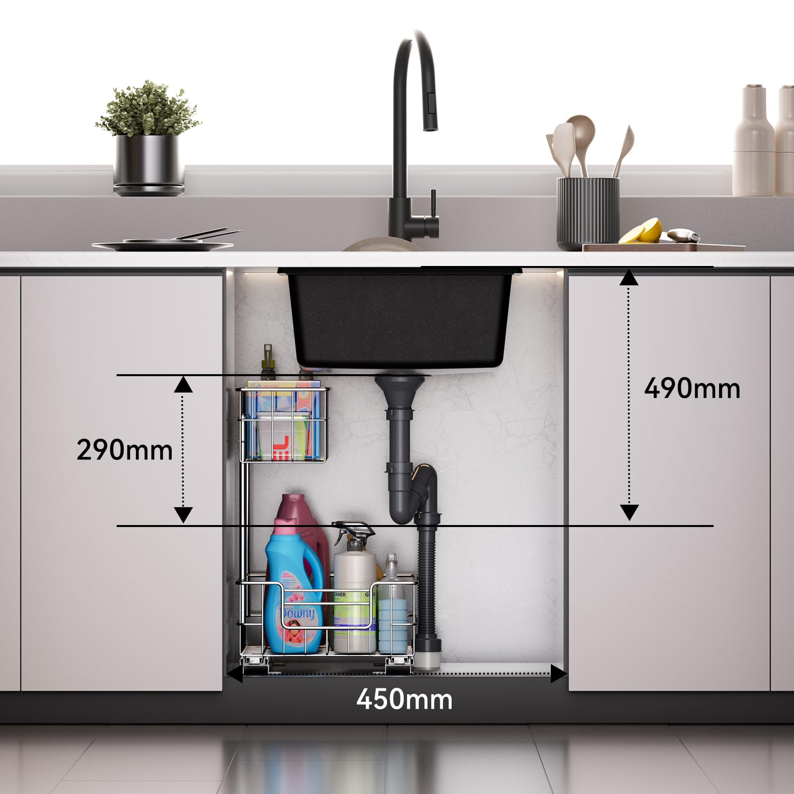 Auralum Lavandino Cucina 45 x 44 cm, Lavello Cucina 1 Vasca, Lavabo Nero in Granito con Sifone Classico e troppopieno, Adatto a Mobili Oltre 45cm