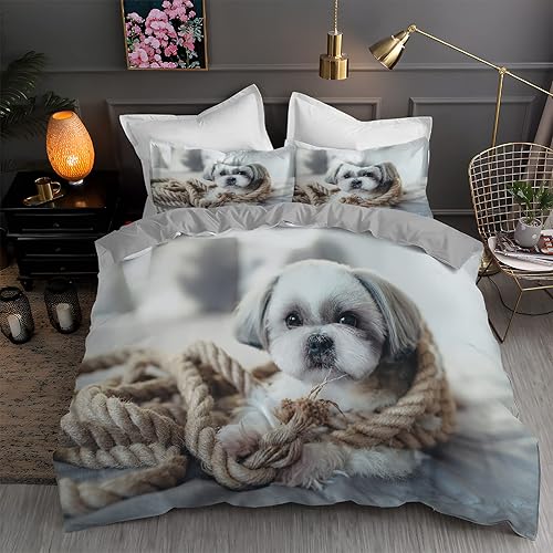 Juego de ropa de cama verde tamaño matrimonial Shih Tzu con funda de edredón de 3 piezas para decoración de dormitorio, funda de edredón de