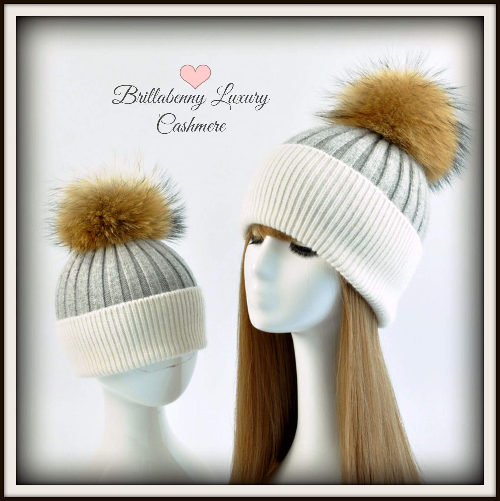 Cappello Cashmere PON PON Pelliccia Bianco e Grigio Cappellino Cuffia Bambina Baby Hat Fur (Bambino)