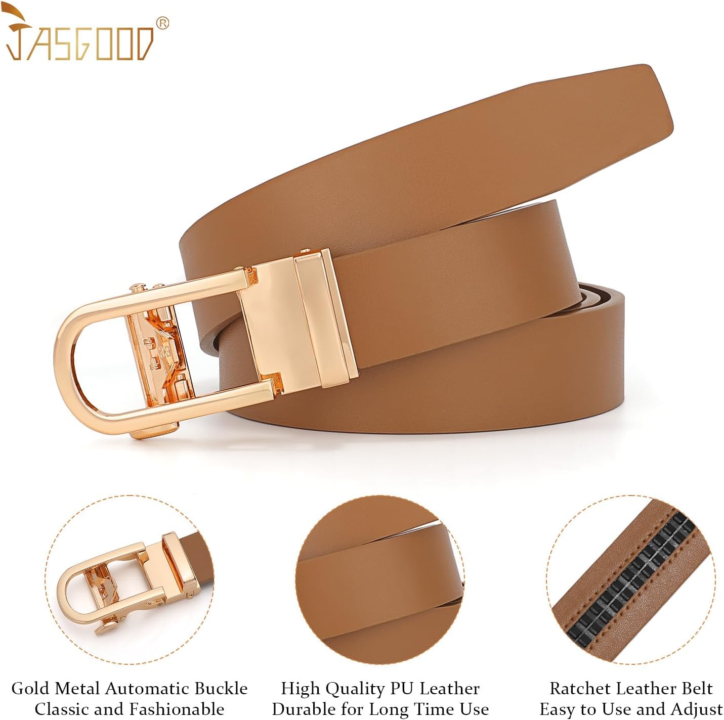 JASGOOD Women Leather Ratchet Belt for Jeans Pants Dresses Adjustable Belt with Automatic Sliding Buckle, Width 1.2" - Image 4