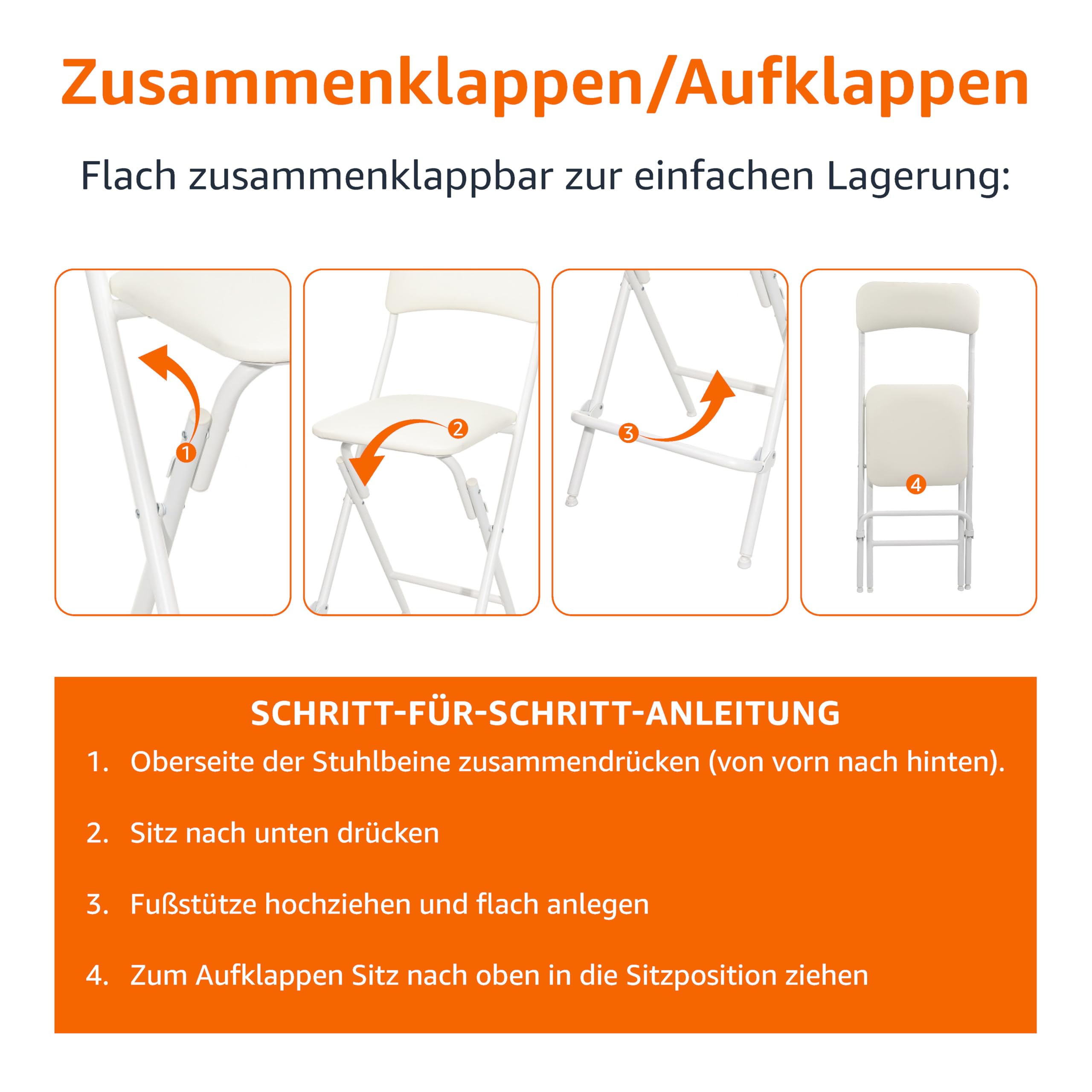 Amazon Basics Klapphocker mit Fußablage, 136,1 kg Traglast, 61 cm hoch, 2 Stück, Weiß