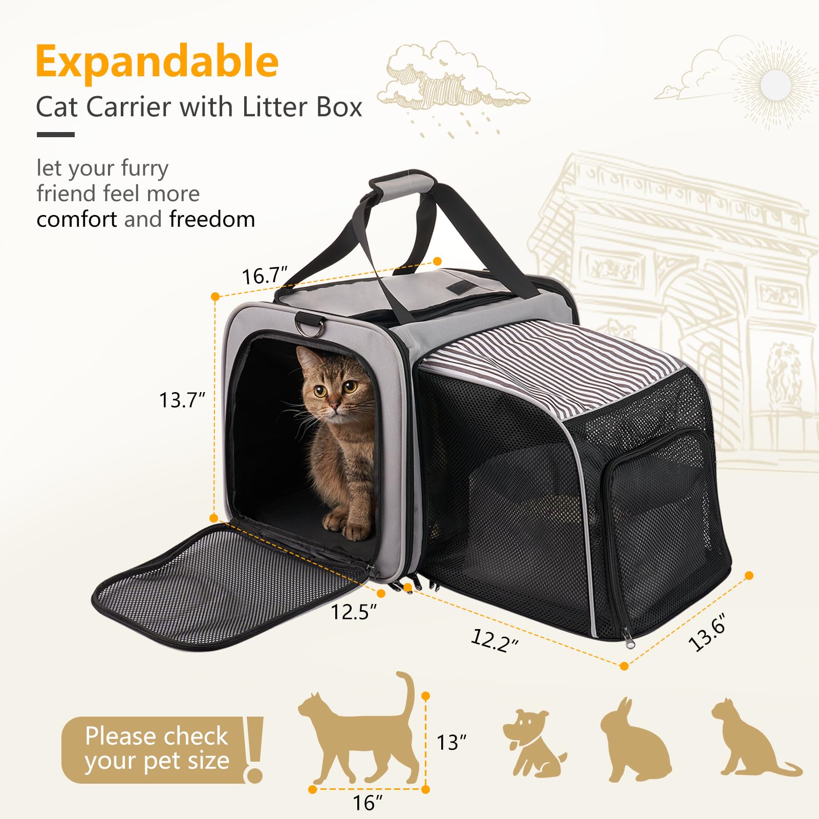 Cat Carrier with Litter Box, Collapsible Soft Sided Pet Carrier for Car Travel, Cat Travel Carrier with Locking Zippers, Expandable Cat Carrier with Food Bowl for Cats/Puppies up to 25 lbs, Grey - image 3