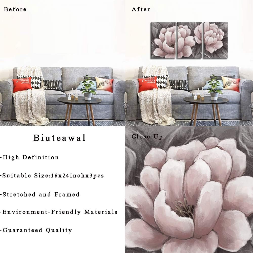 Biuteawal Flower Canvas Wall Art Abstract Pink and Gray Wall Artworks Elegant Floral Painting Still Life Pictures for Home Living Room Bedroom Decoration Ready to Hang 16x24inx3panels