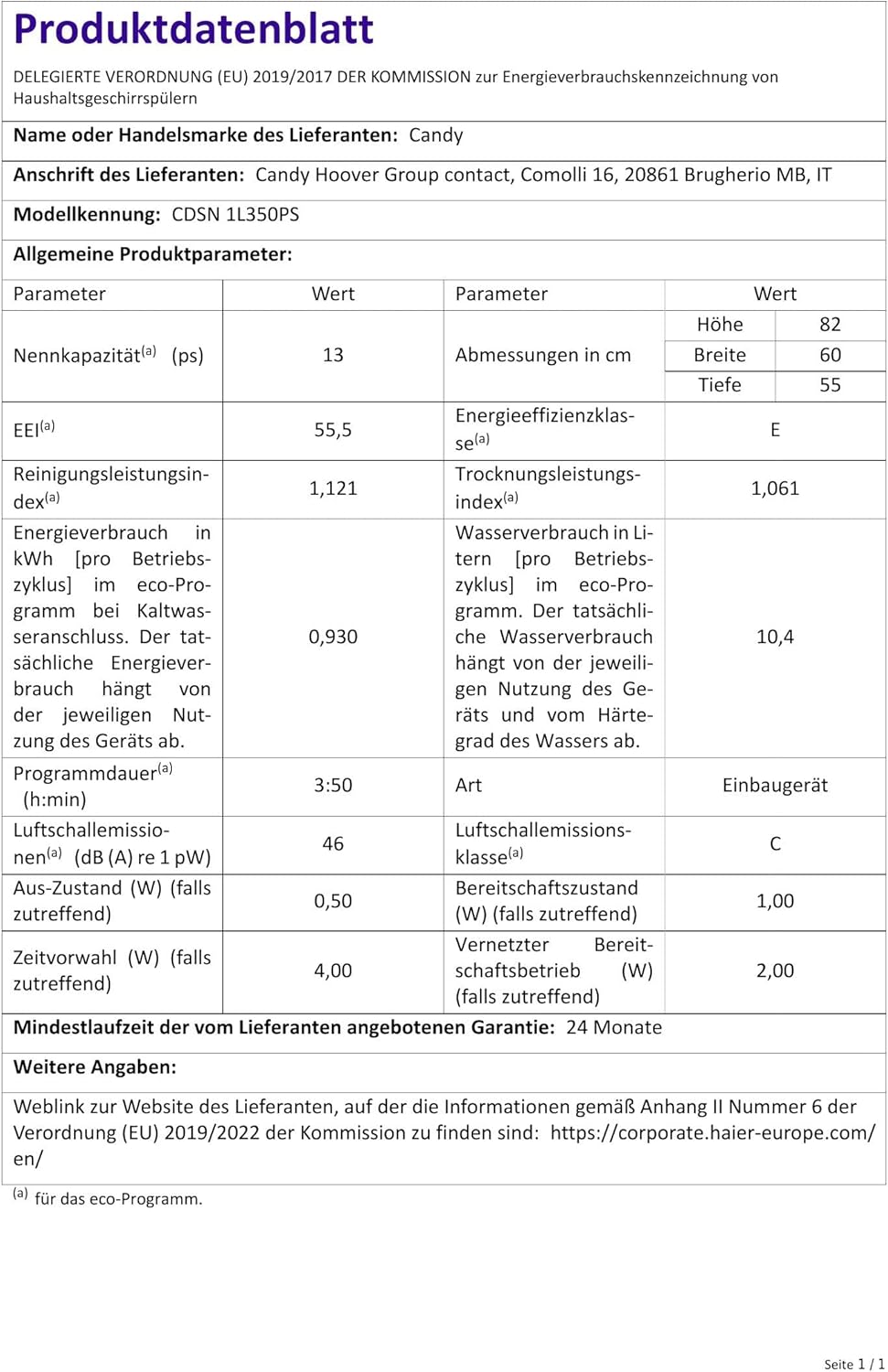Candy Brava CDSN 1L350PS Lavastoviglie da Incasso, Semi Integrata, 13 Coperti, Smart, Wi-Fi + Bluetooth, 59,8x55x82 cm, Partenza Ritardata, Inox, Classe E [Classe di efficienza energetica E]