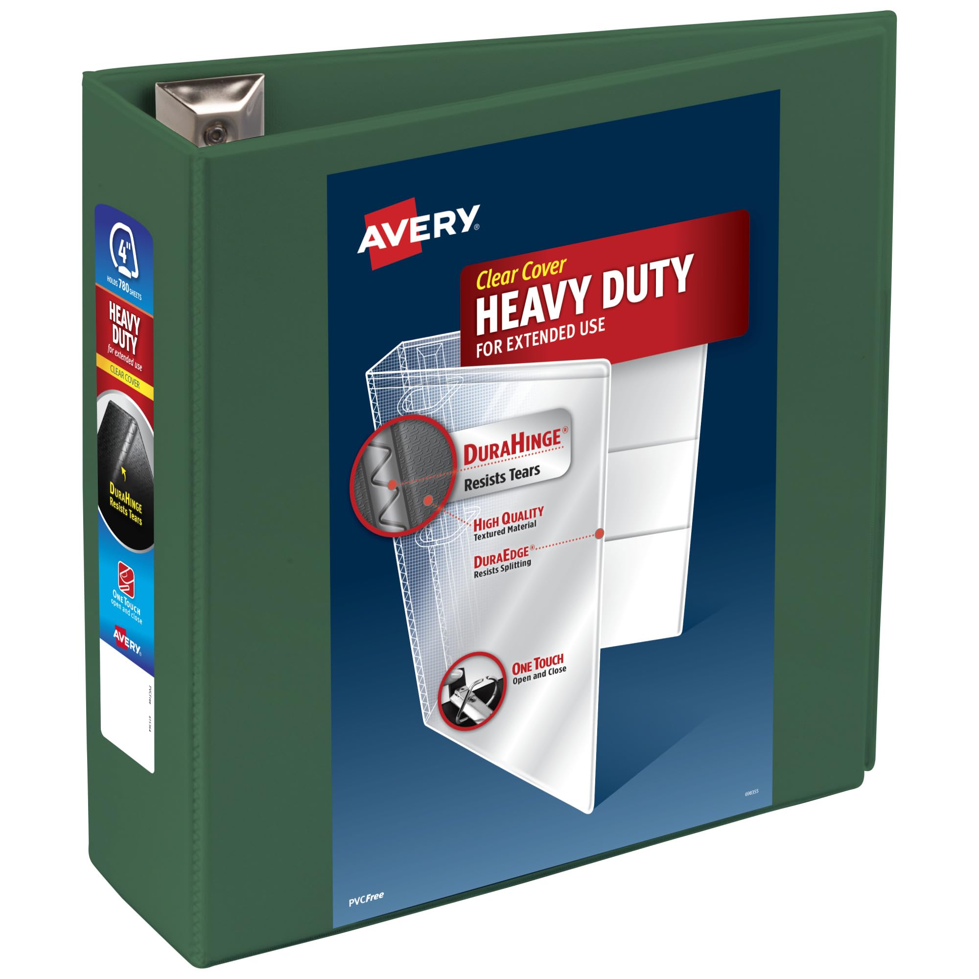 Avery Raccoglitore a 3 anelli resistente, anelli One Touch EZD da 10 cm, capacità 780 fogli, dorso largo 11,4 cm, copertina trasparente e dorso personalizzabili, 1 raccoglitore verde (79110)