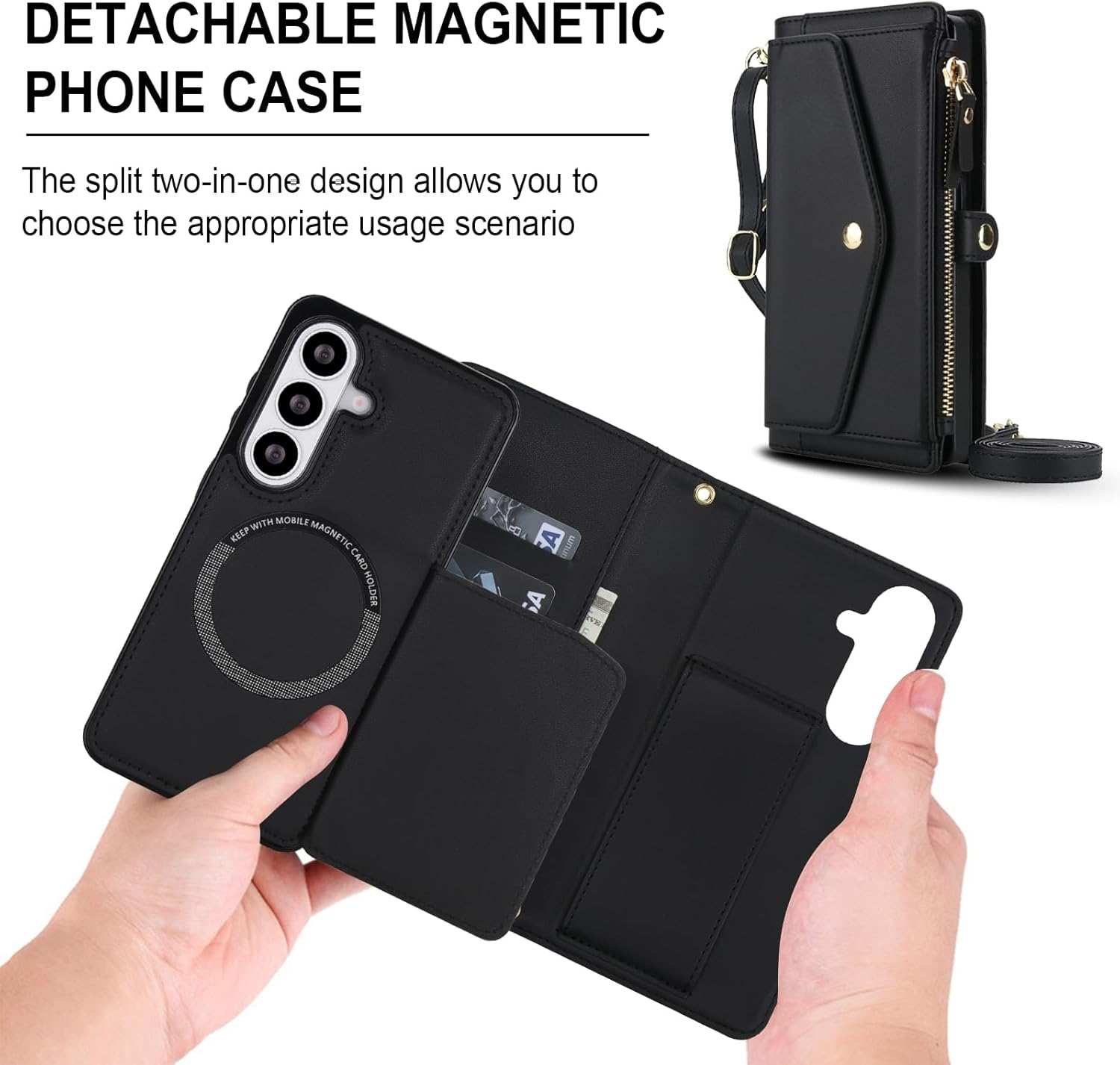 Phone Case for Samsung Galaxy S26 Plus S26+ 5G Wallet Cover Compatible with Magsafe RFID Screen Protector Crossbody Lanyard Strap Flip Card Holder Slot Zipper S 26 + 26+ S26Plus SM-S947U Black