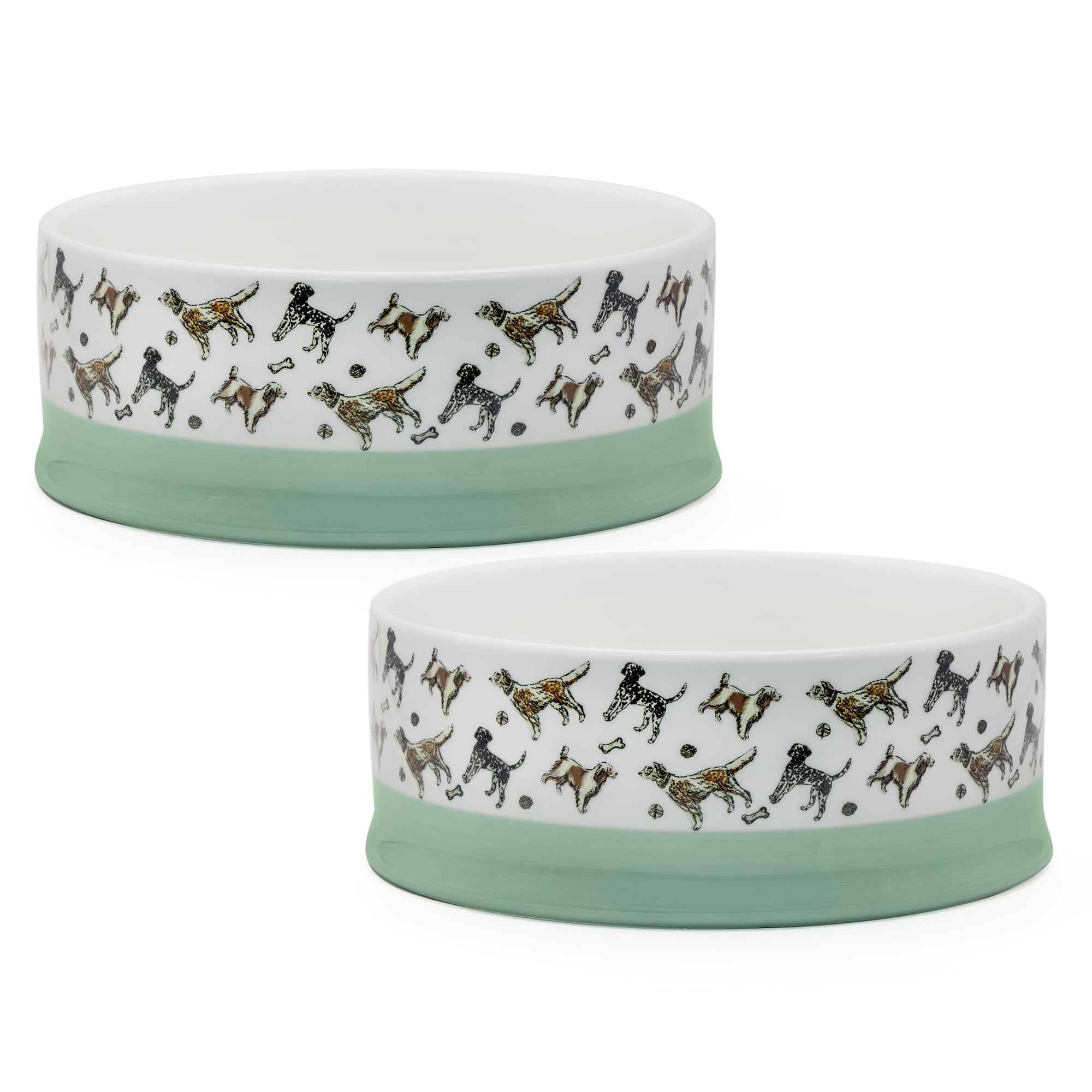 Banbury & Co Ceramic Dog Food Bowls | Set of 2, 750ml | Durable Stoneware, Dishwasher Safe | Stylish Dog Print Design | 16.5cm Diameter
