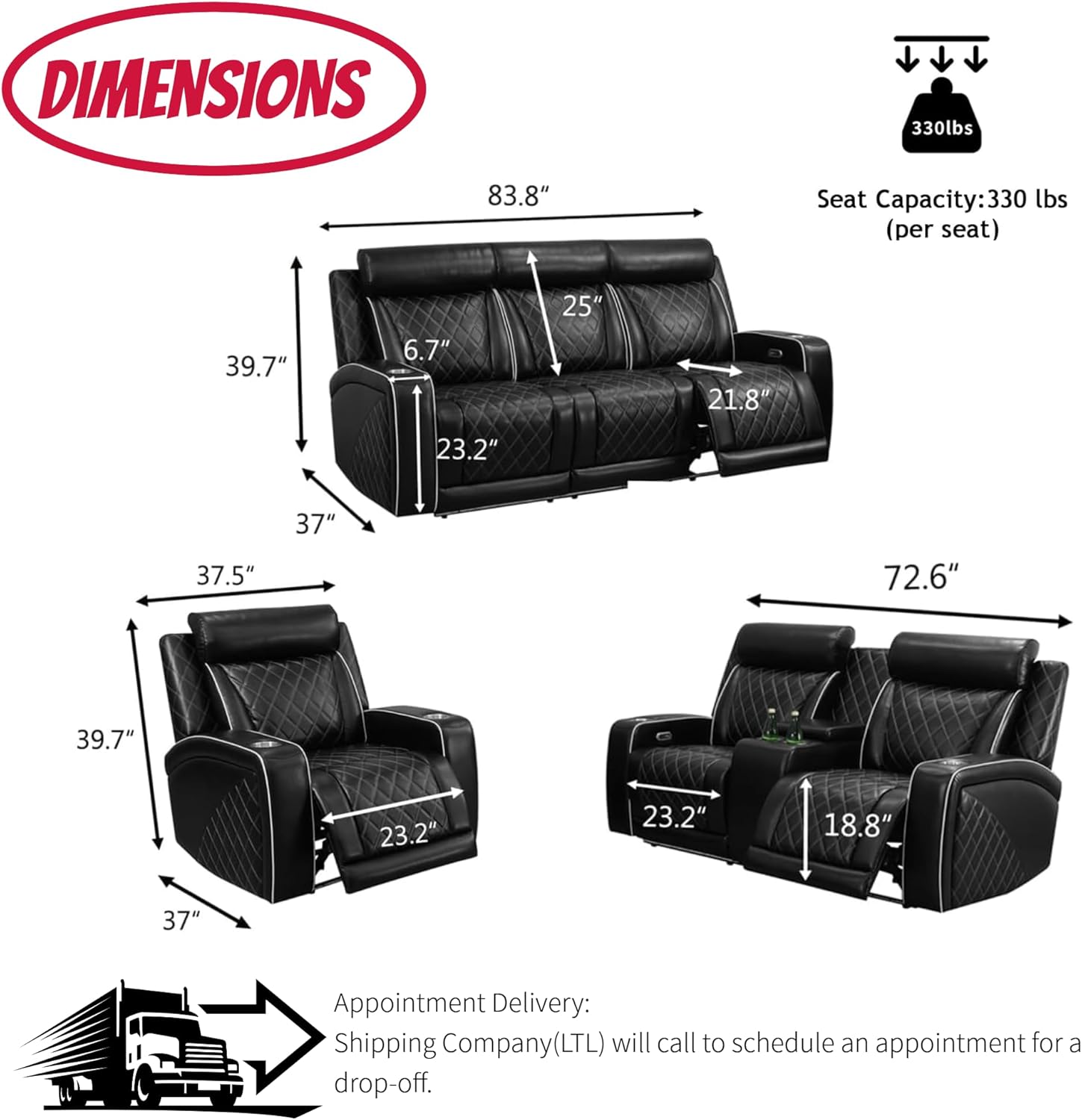 Power Recliner Set with LED Lights, Quilted Air Leather Reclining Set with USB Port/Storage/Cup Holder/Reader Light for House/Home Theater/Apt/Rv/Office (Black/White, 3PC Full Set)