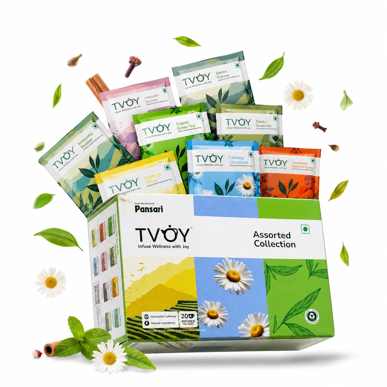 TVOY Assorted Green Tea Bags Gift Set | 20 Biodegradable Pyramid Bags with 10 Premium Flavors | Organic Herbal & Flavored Tea Sampler | Perfect Tea Gift Box for Health & Wellness | Tea Gift Set-image-28