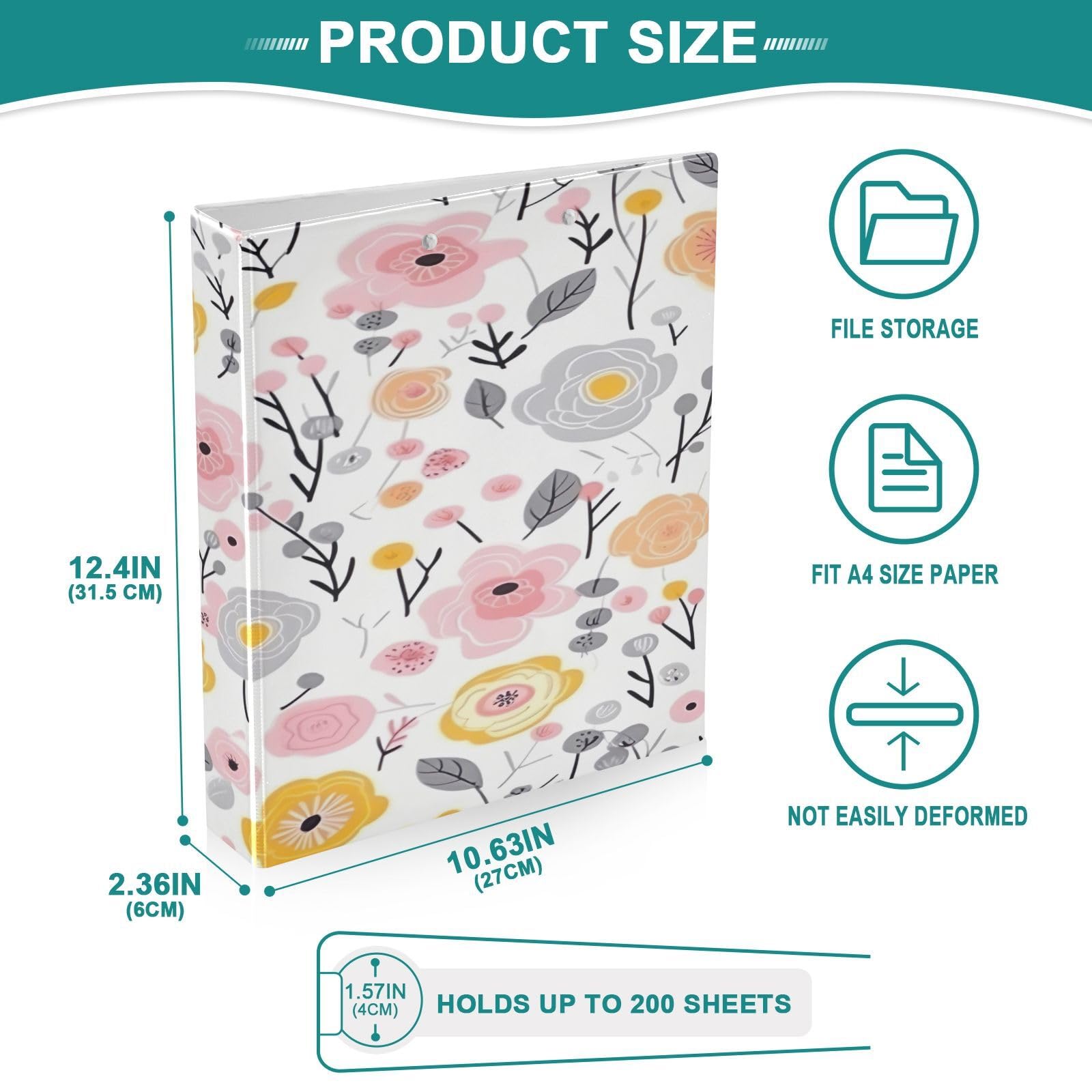 Lot de 2 classeurs ronds décoratifs à 3 anneaux de 3,8 cm avec clip en métal et fleurs à ressort pour la maison et le bureau