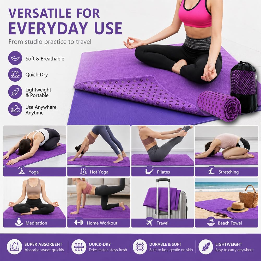 Morbuy Serviette de Yoga en Microfibre Tapis de Yoga avec Surface Antidérapante, Idéal pour Le Yoga Chaud Tapis de Fitness pour Yoga Pilates Voyage Pique-niques