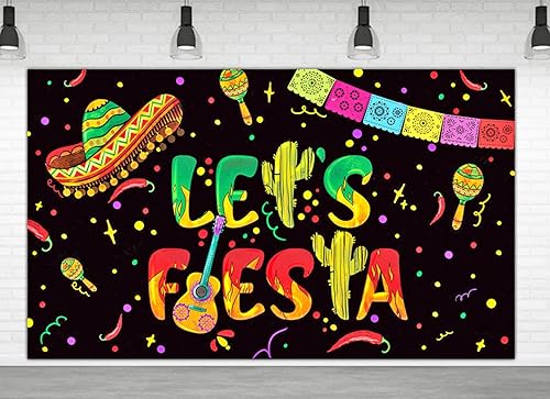 Telón de fondo negro de Let's Fiesta Mexicana, 6 x 3.6 pies, decoración de fiesta de Let's Fiesta Luau Cinco de Mayo, decoración de cumpleaños,