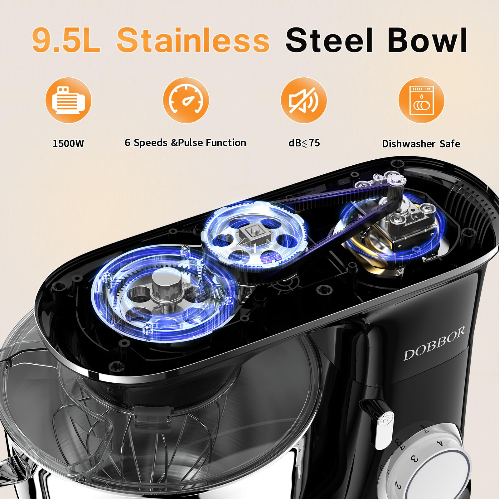 Pâtissier, DOBBOR 1500W Robot Batteur Patisserie avec Fouet, Batteur, Crochet, Bol d'Acier Inoxydable, 7 Vitesses Faible Bruit Patisserie Électrique, Compatible Lave-vaisselle (Noir) (Black)